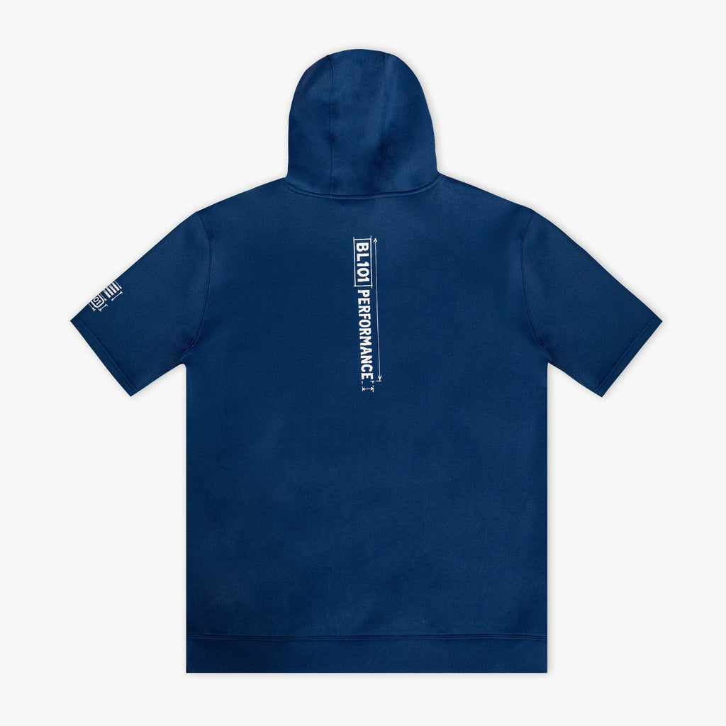 Navy blue hoodie with 'BL101 PERFORMANCE' text on the back against a white background
