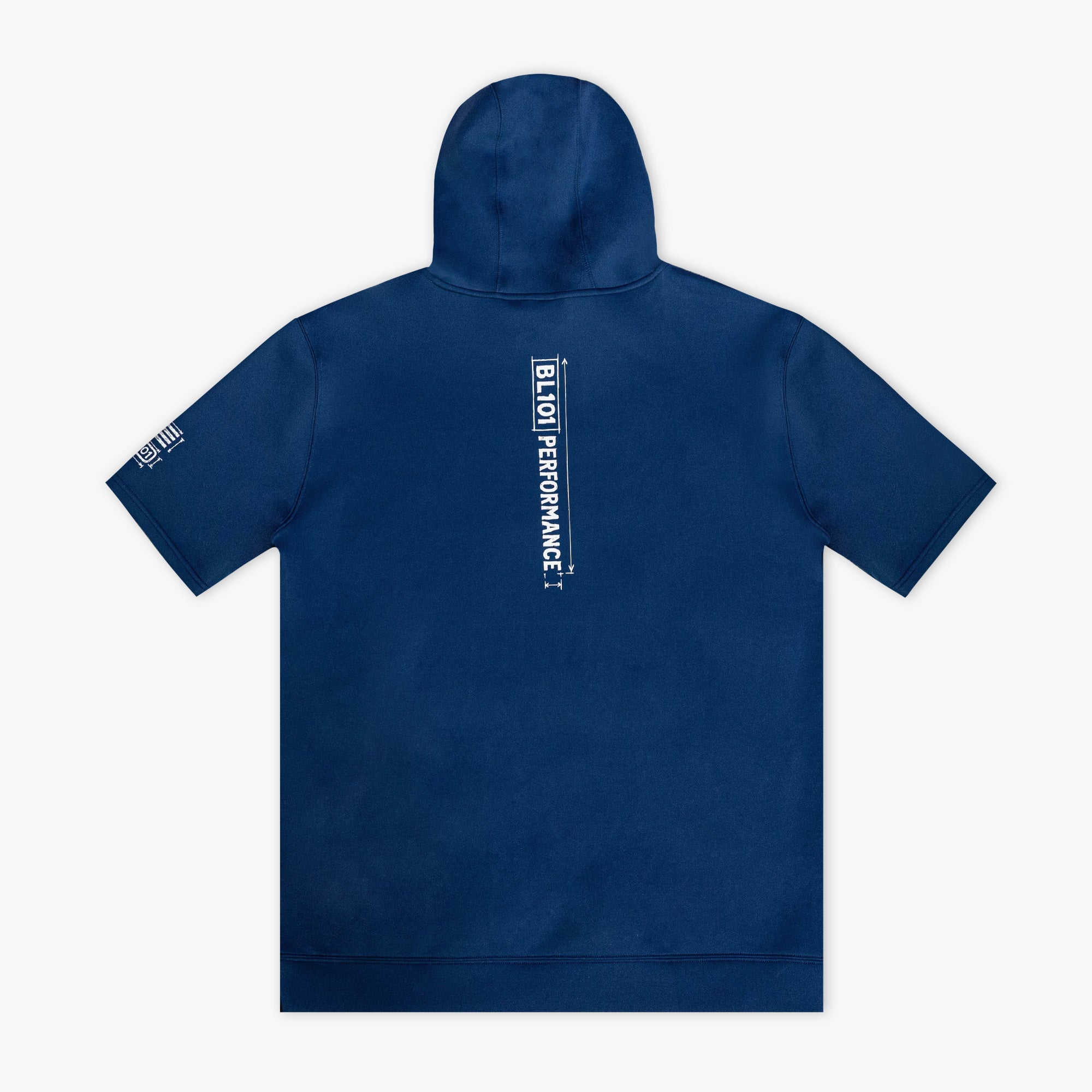 Navy blue hoodie with 'BL101 PERFORMANCE' text on the back against a white background