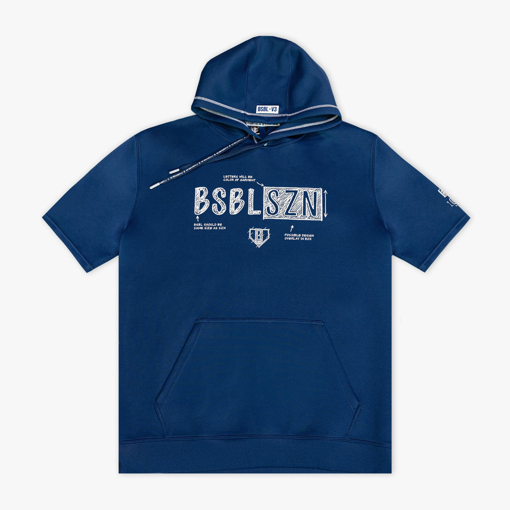 Navy shorts sleeve blue hoodie with white blueprint 'BSBL SZN' text and white 'bsbl v3' logo on a white background