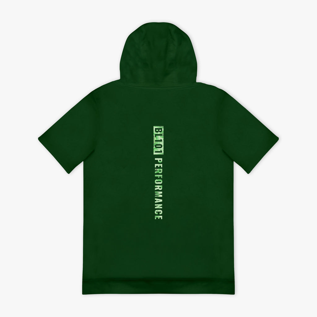 Green hoodie with light green 'BL101 PERFORMANCE' logo on the back against a white background