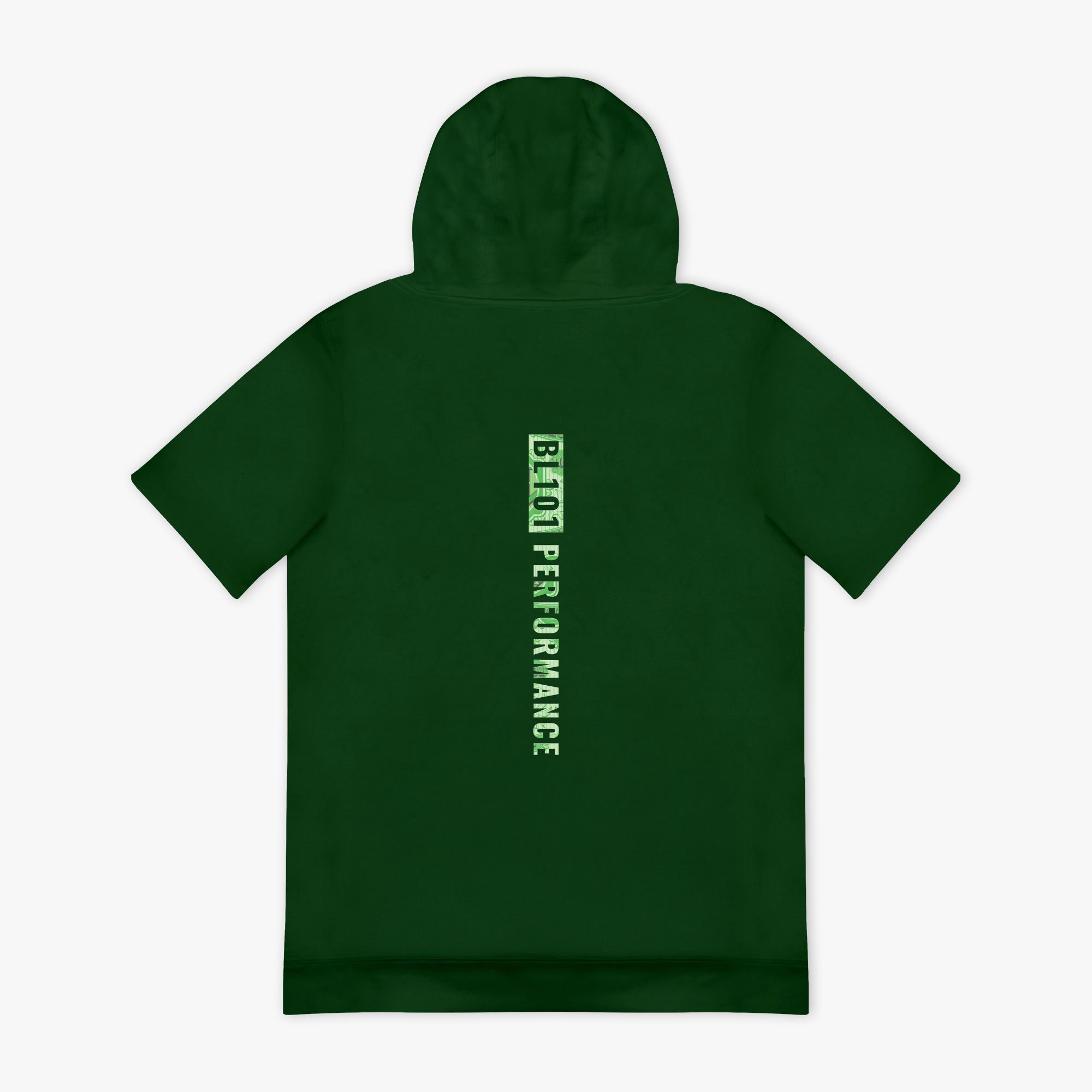 Green hoodie with light green 'BL101 PERFORMANCE' logo on the back against a white background
