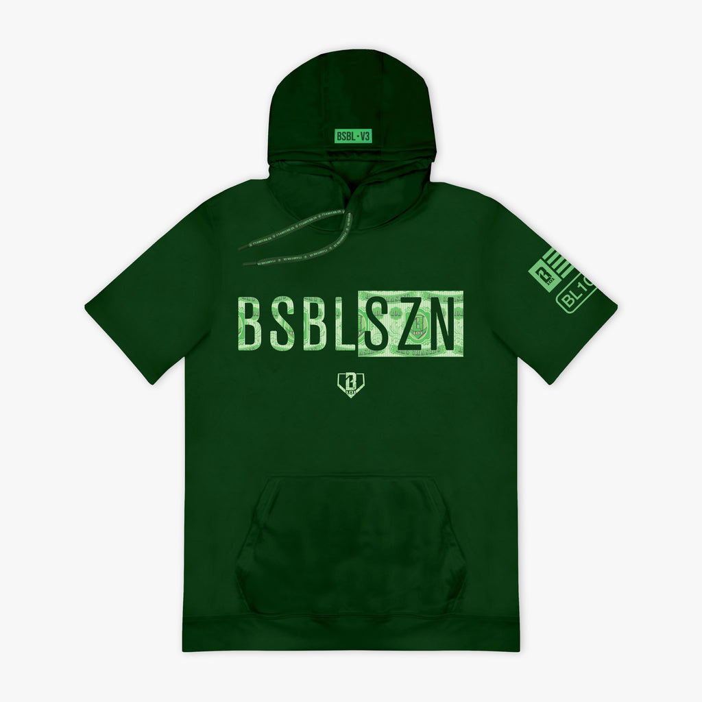 Green hoodie with light green 'BSBL SZN' text and logos on a white background