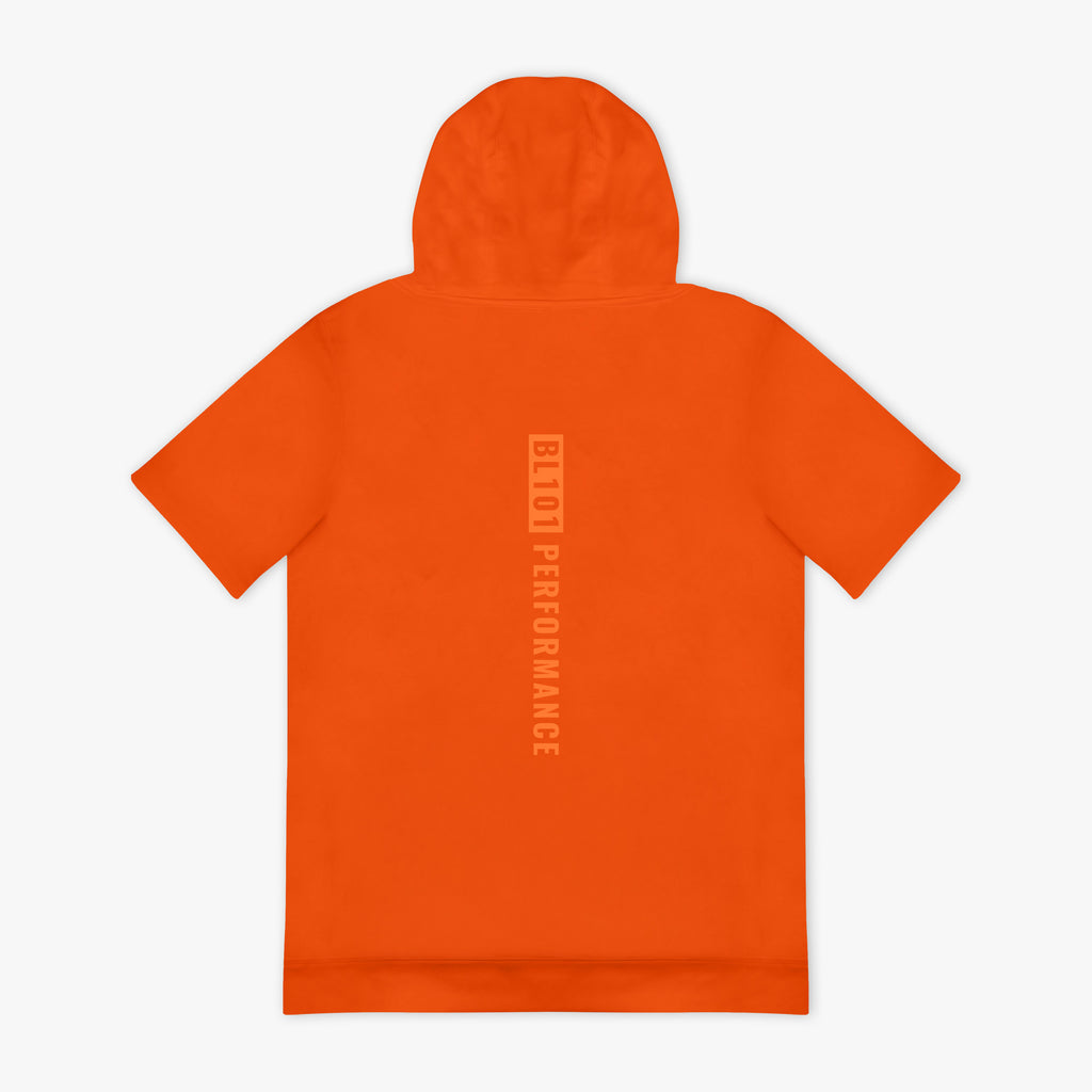 Orange hoodie with light orange 'BL101 PERFORMANCE' on the back against a white background