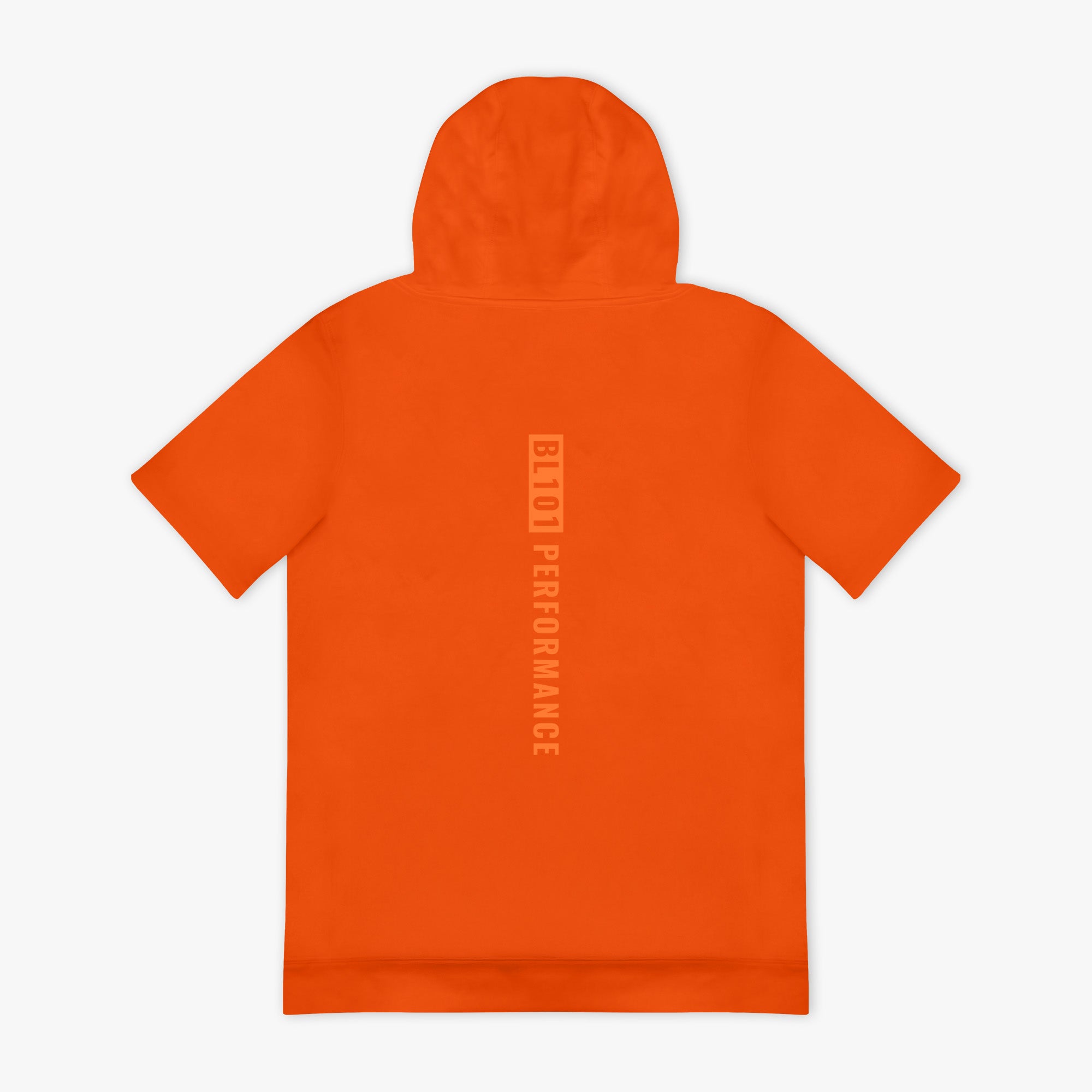 Orange hoodie with light orange 'BL101 PERFORMANCE' on the back against a white background