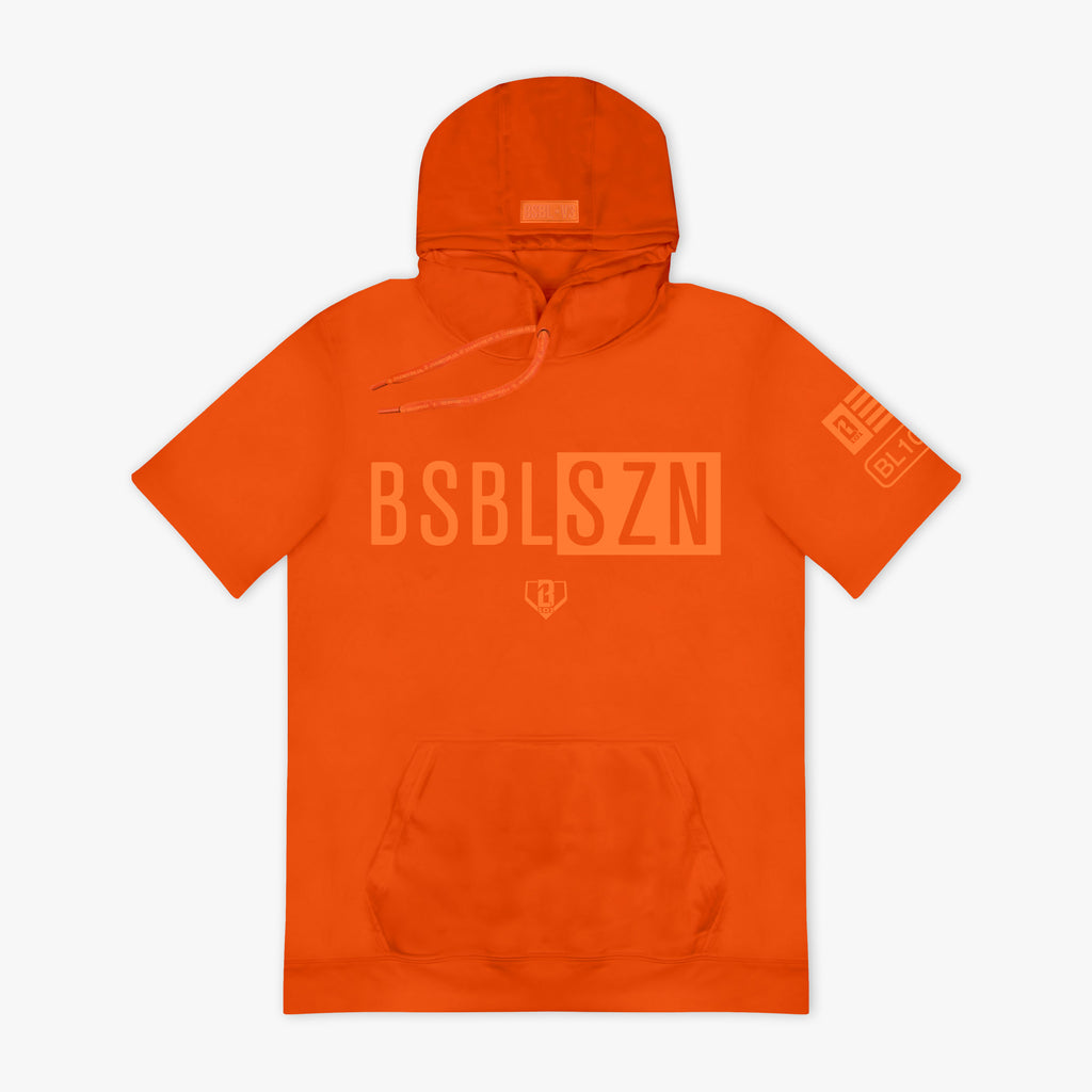 Orange hoodie with light orange 'BSBL SZN' text on a white background