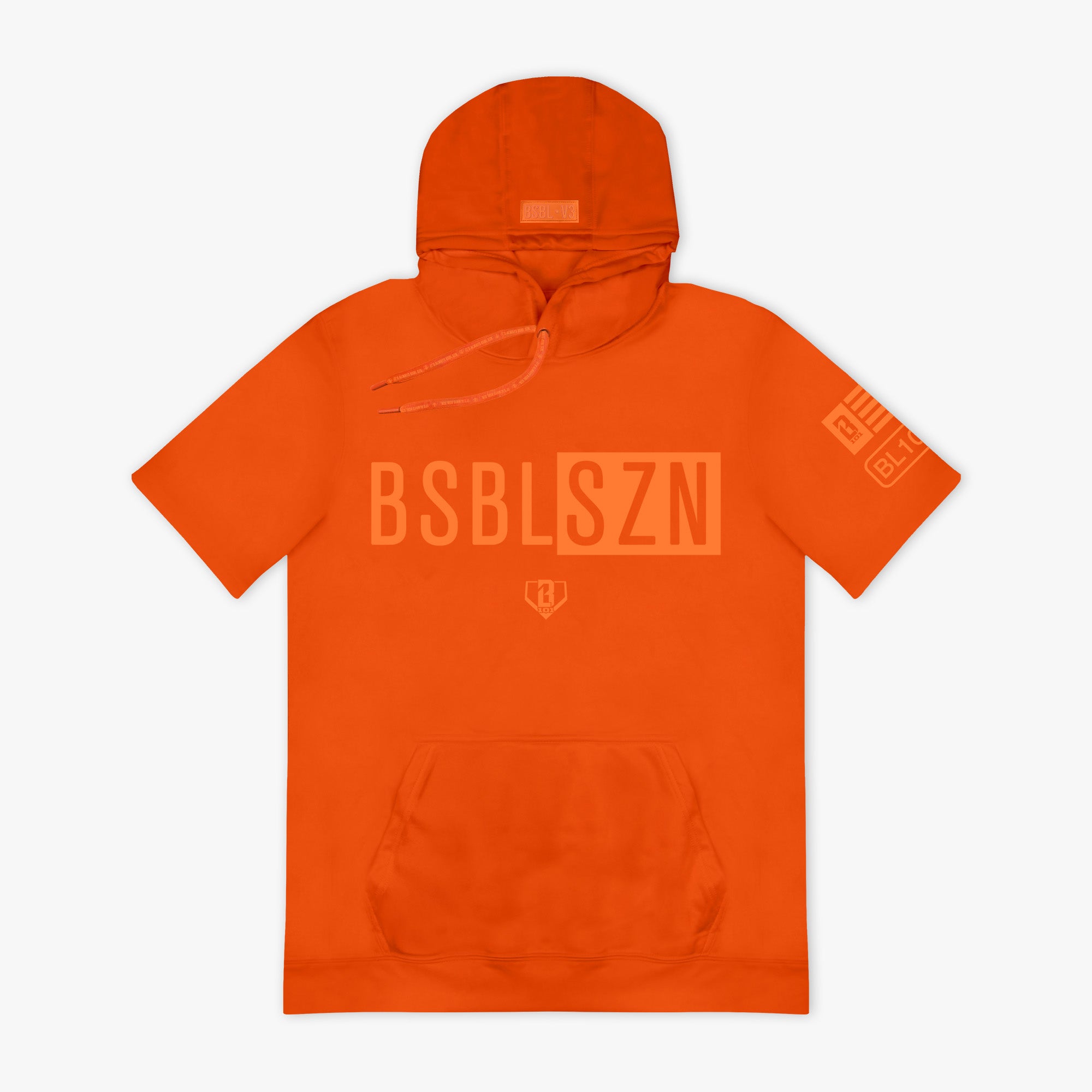 Orange hoodie with light orange 'BSBL SZN' text on a white background