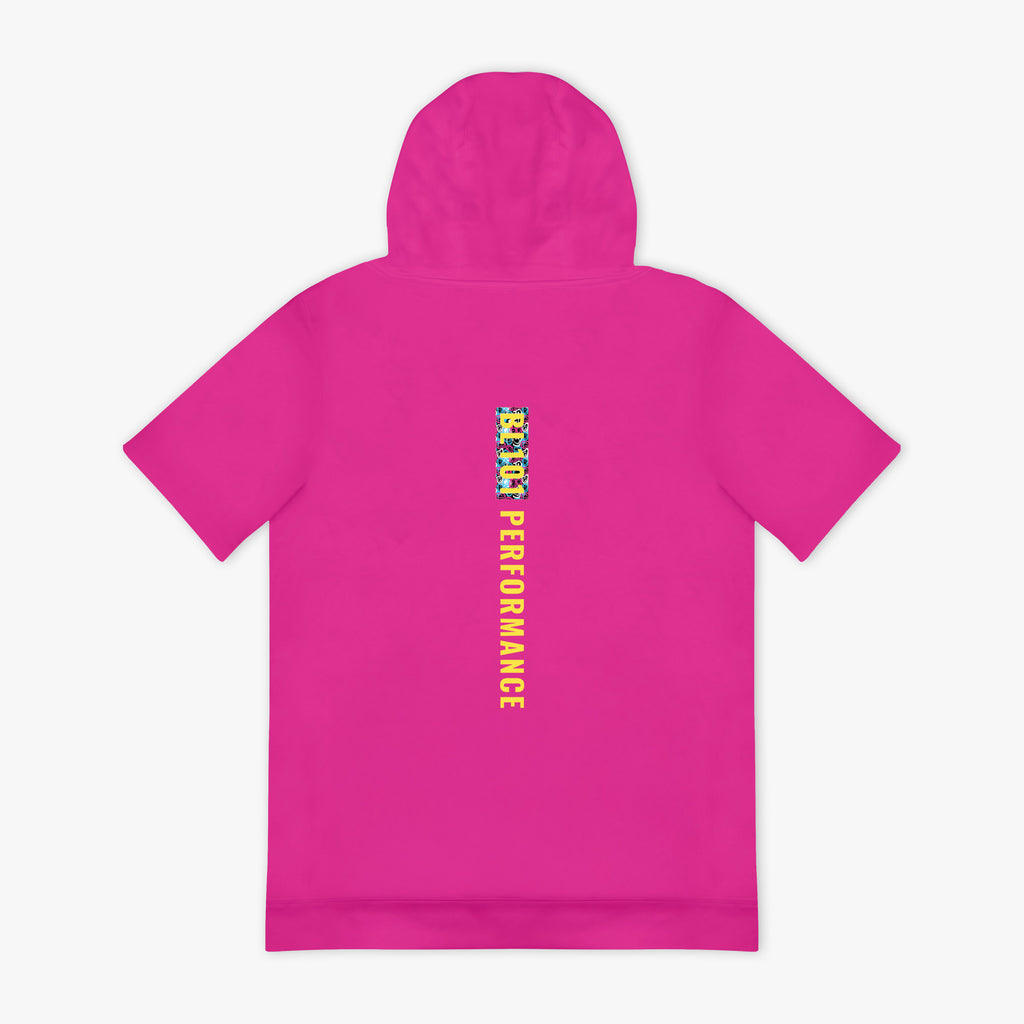 Pink hoodie with Colorful 'BL101 Performance' text on the back against a white background