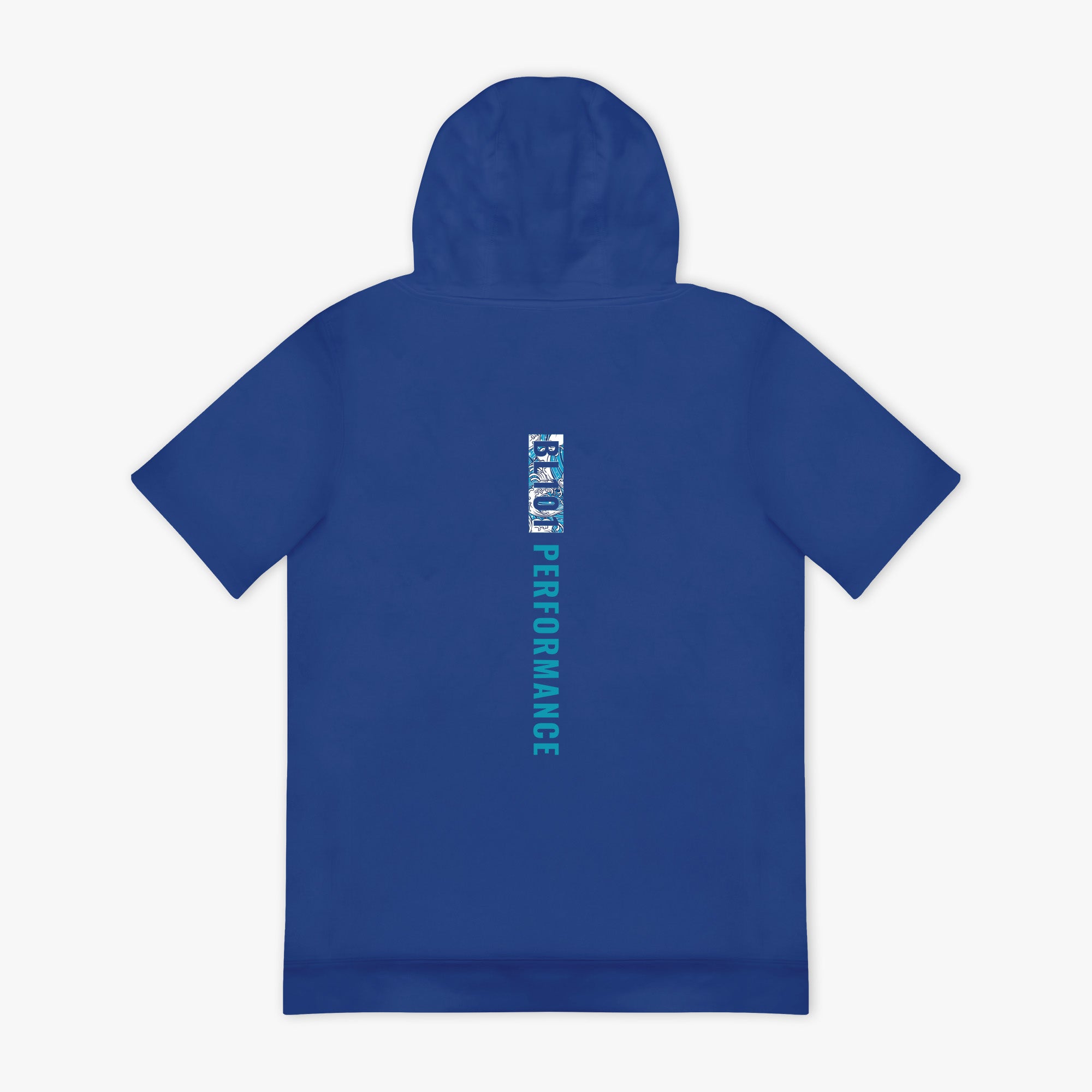 Blue hoodie with blue and white "BL101 PERFORMANCE' text on the back against a white background