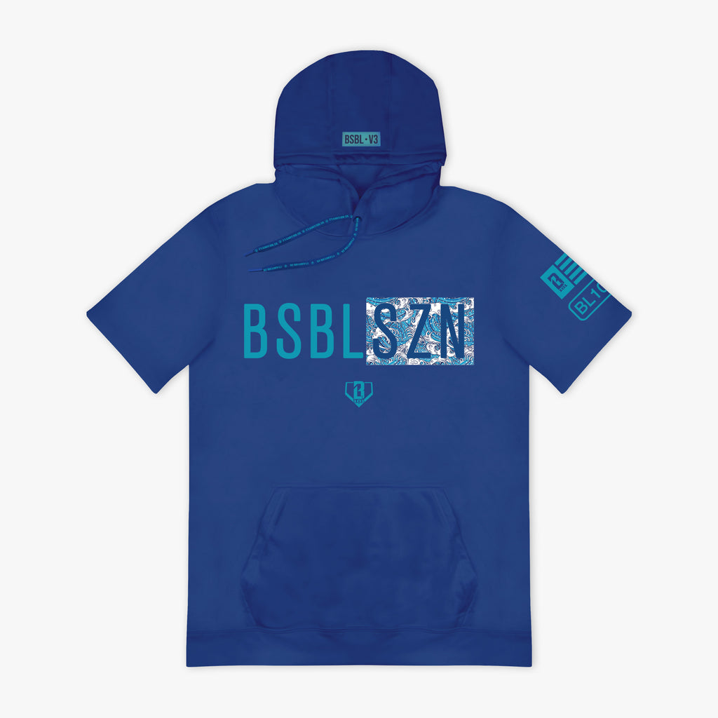Blue hoodie with blue and white 'BSBL SZN' text on a white background.