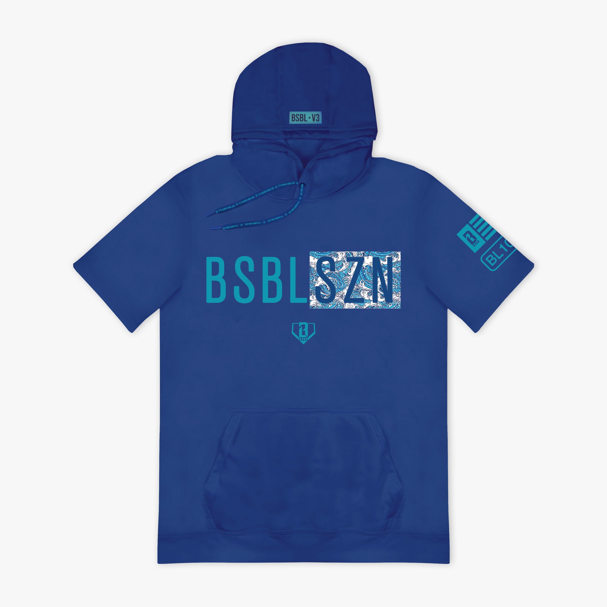 Blue hoodie with blue and white 'BSBL SZN' text on a white background.