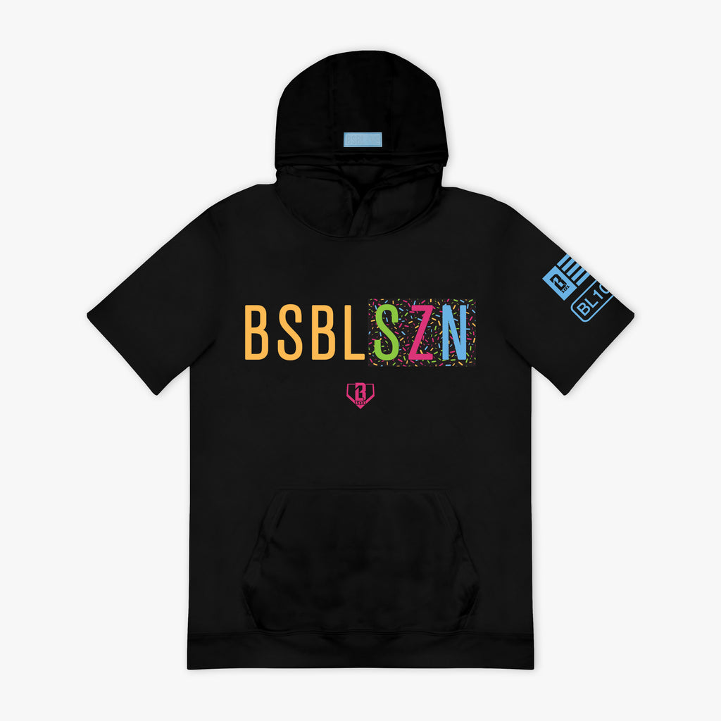 Black hoodie with colorful 'BSBL SZN' text and logo on a white background