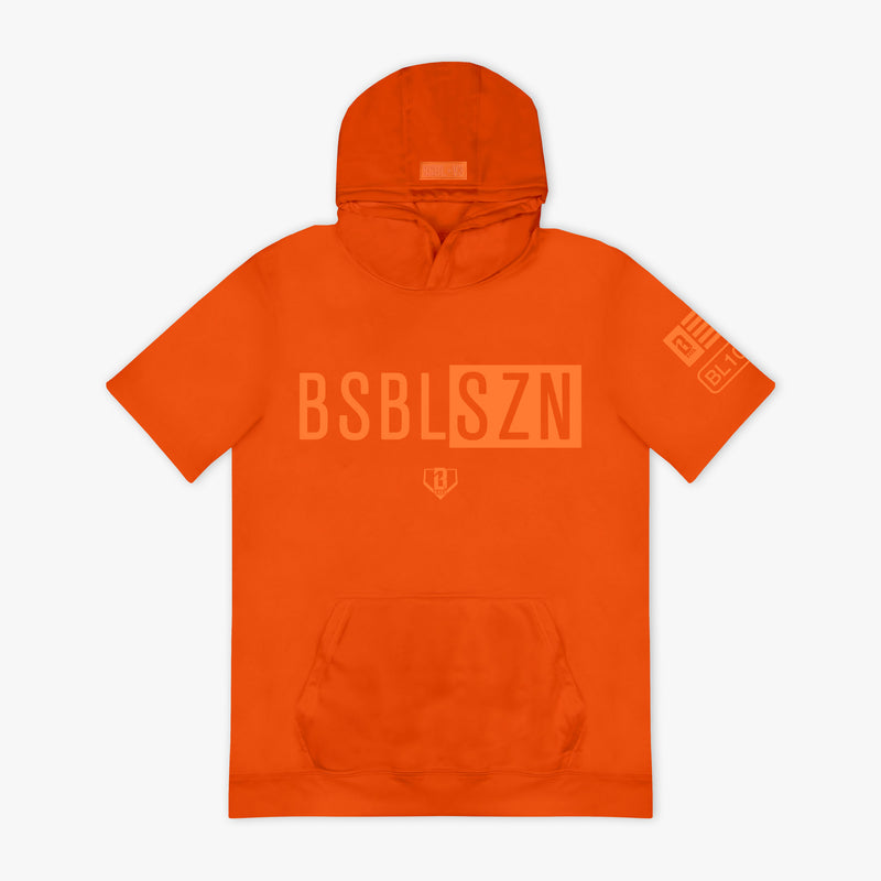 Orange hoodie with light orange 'BSBL SZN' text on a white background