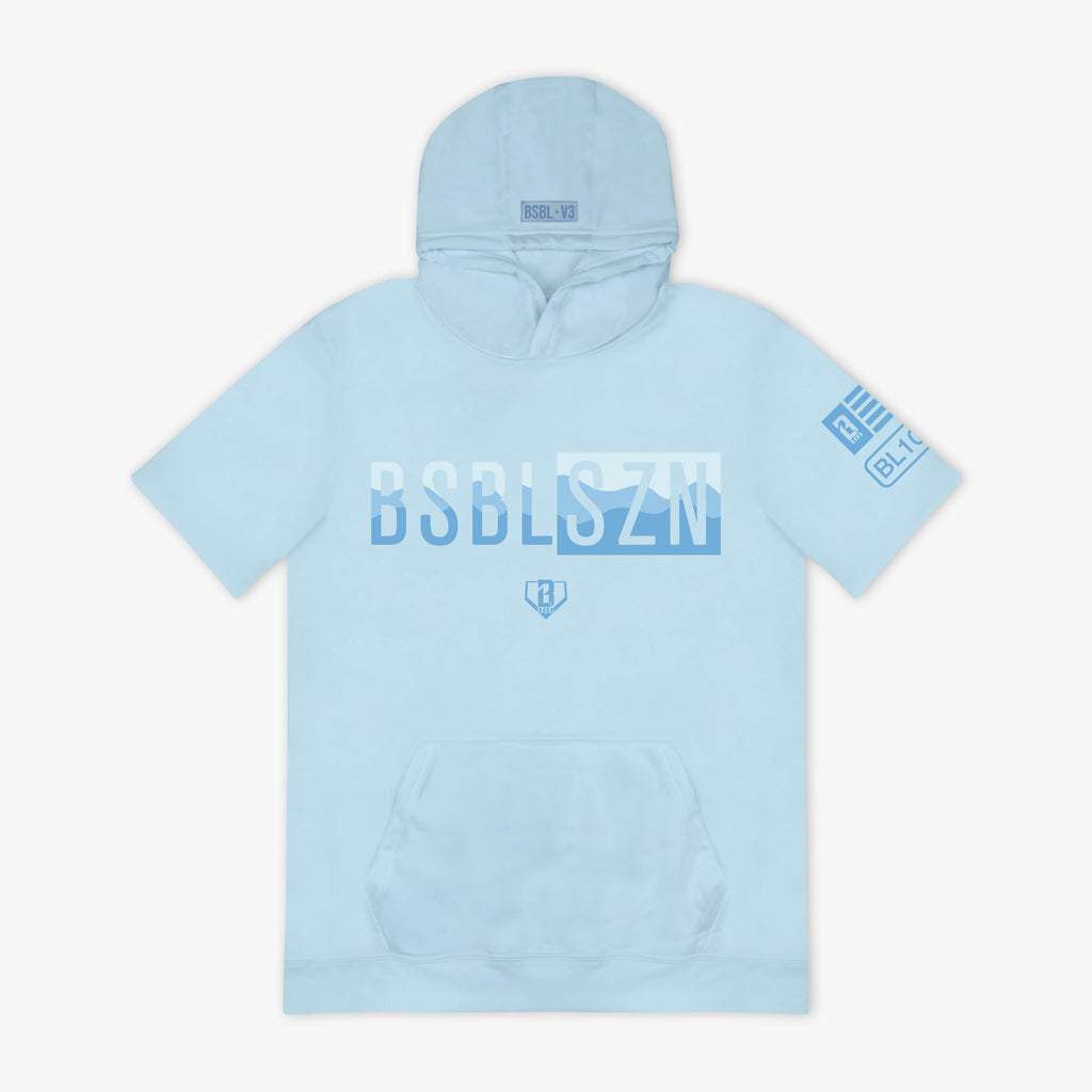 Light blue hoodie with multi-toned 'BSBLSZN' logo on chest and BL101 logo on sleeve