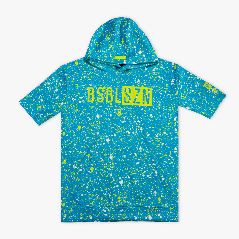 Blue splatter-patterned hoodie with yellow 'BSBL-SZN' text on a white background