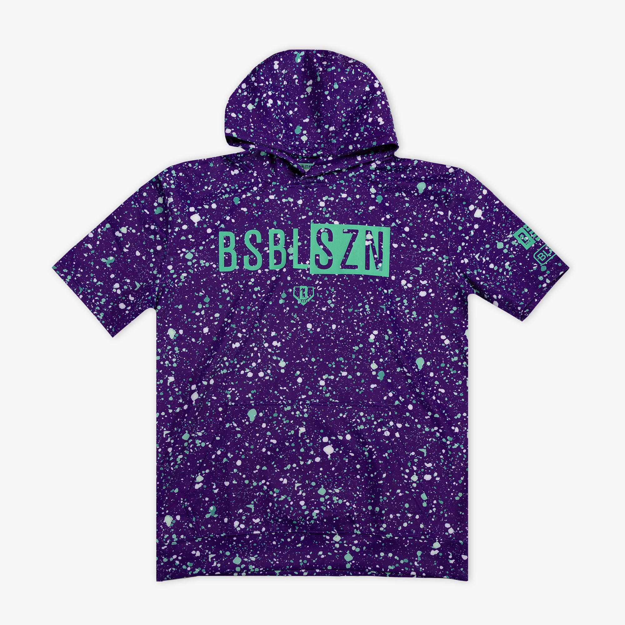 Purple splatter-patterned hoodie with green 'BSBL SZN' text on a white background