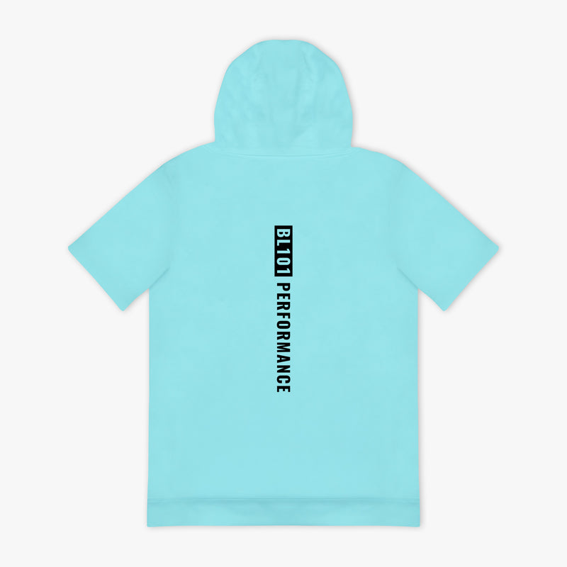 Light blue hoodie with black 'BL101 PERFORMANCE' text on a white background