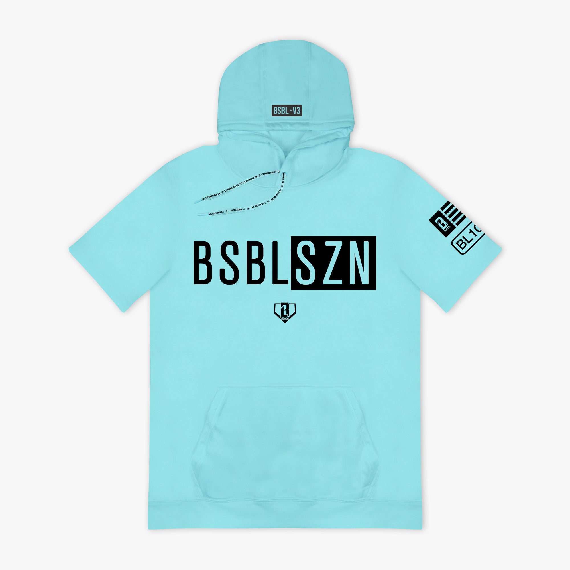 Light blue hoodie with black 'BSBL SZN' text and logos on a white background