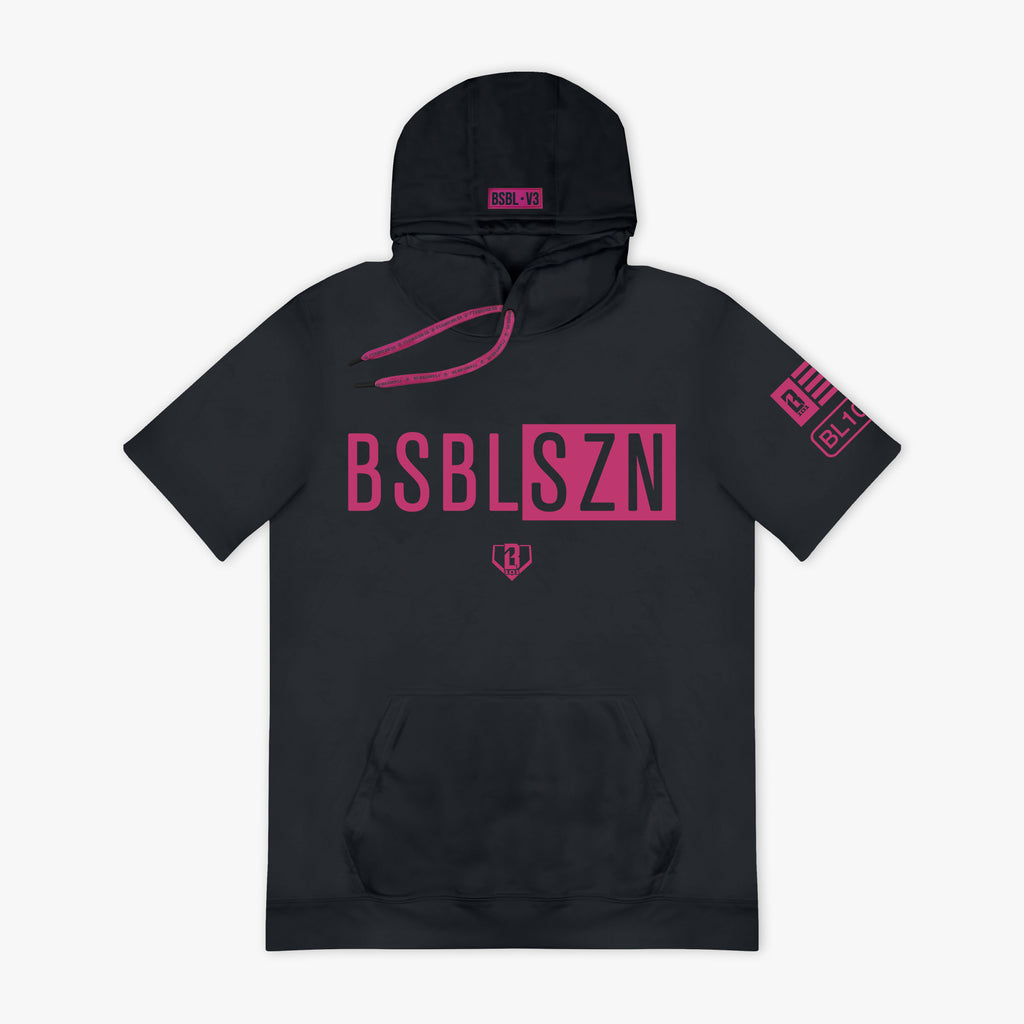 Black hoodie with pink 'BSBLSZN' text on a white background