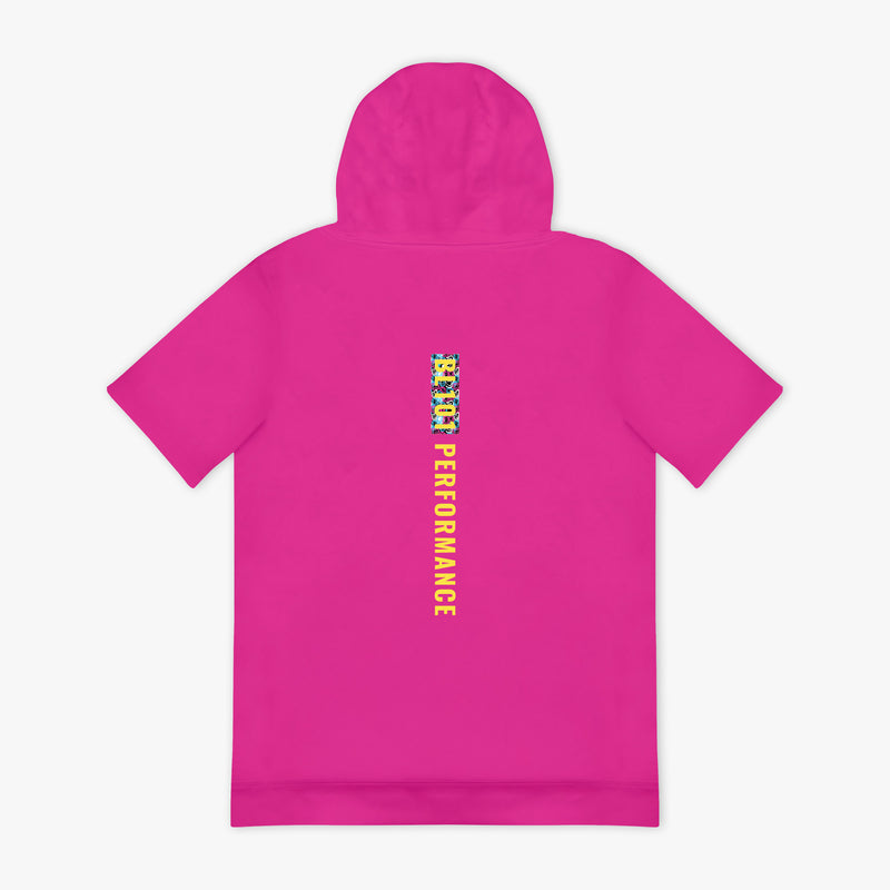 Pink hoodie with Colorful 'BL101 Performance' text on the back against a white background
