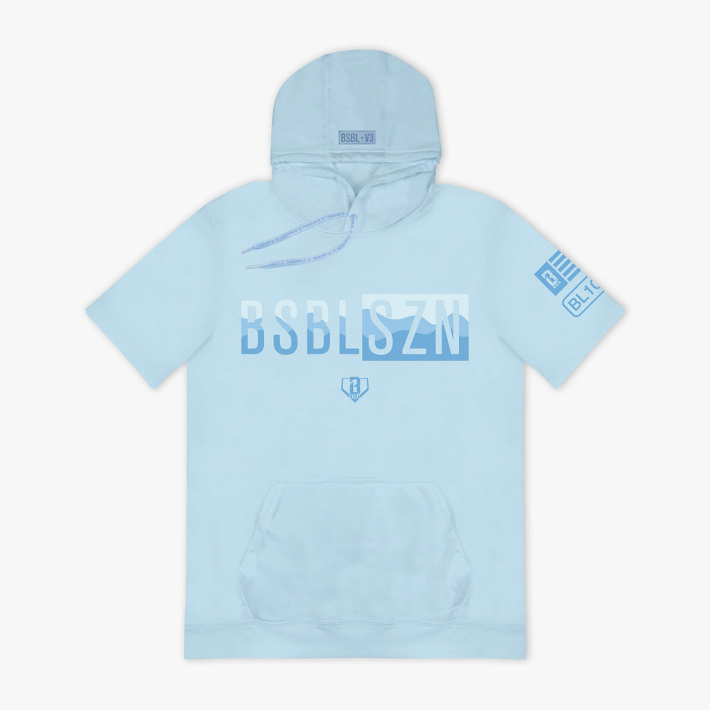 Light blue hoodie with multi-toned 'BSBLSZN' logo on chest and BL101 logo on sleeve