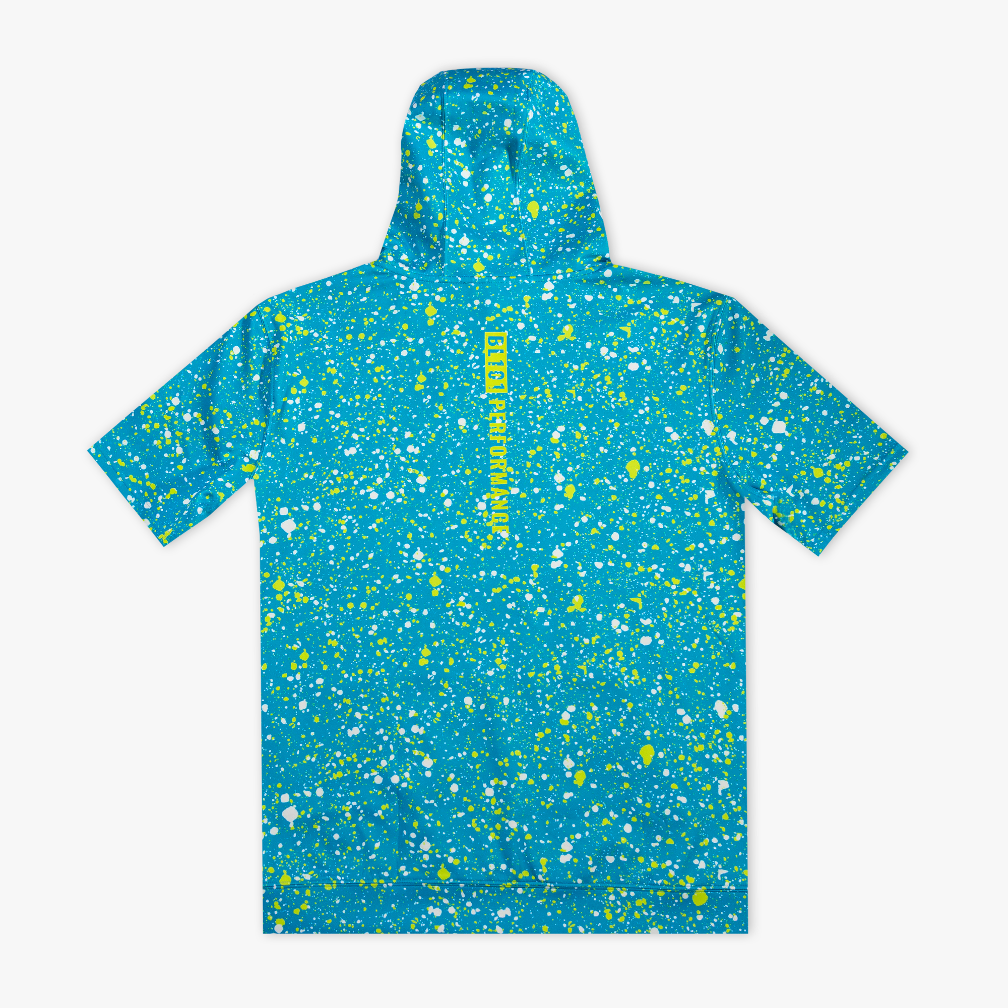 Blue splatter-patterned hoodie with yellow 'BL101 PERFORMANCE' text on a white background