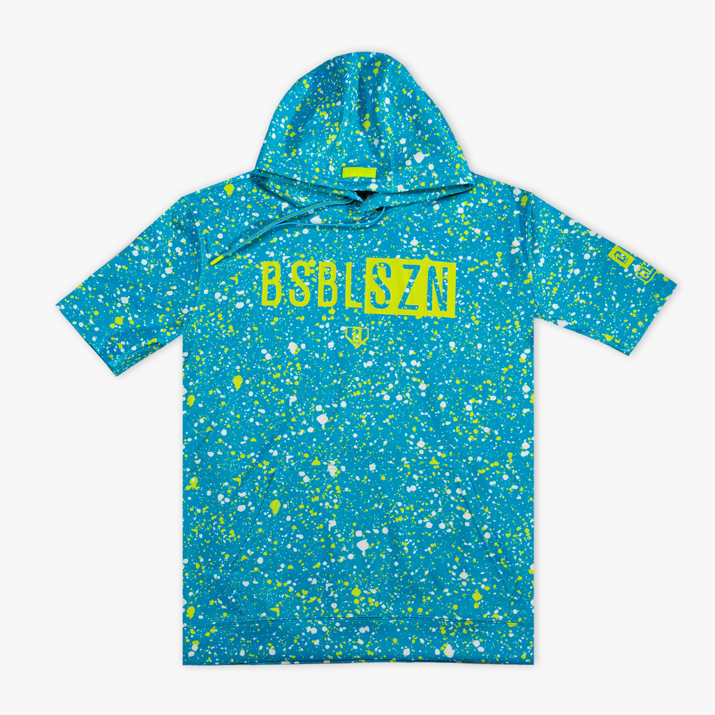 Blue splatter-patterned hoodie with yellow 'BSBL-SZN' text on a white background