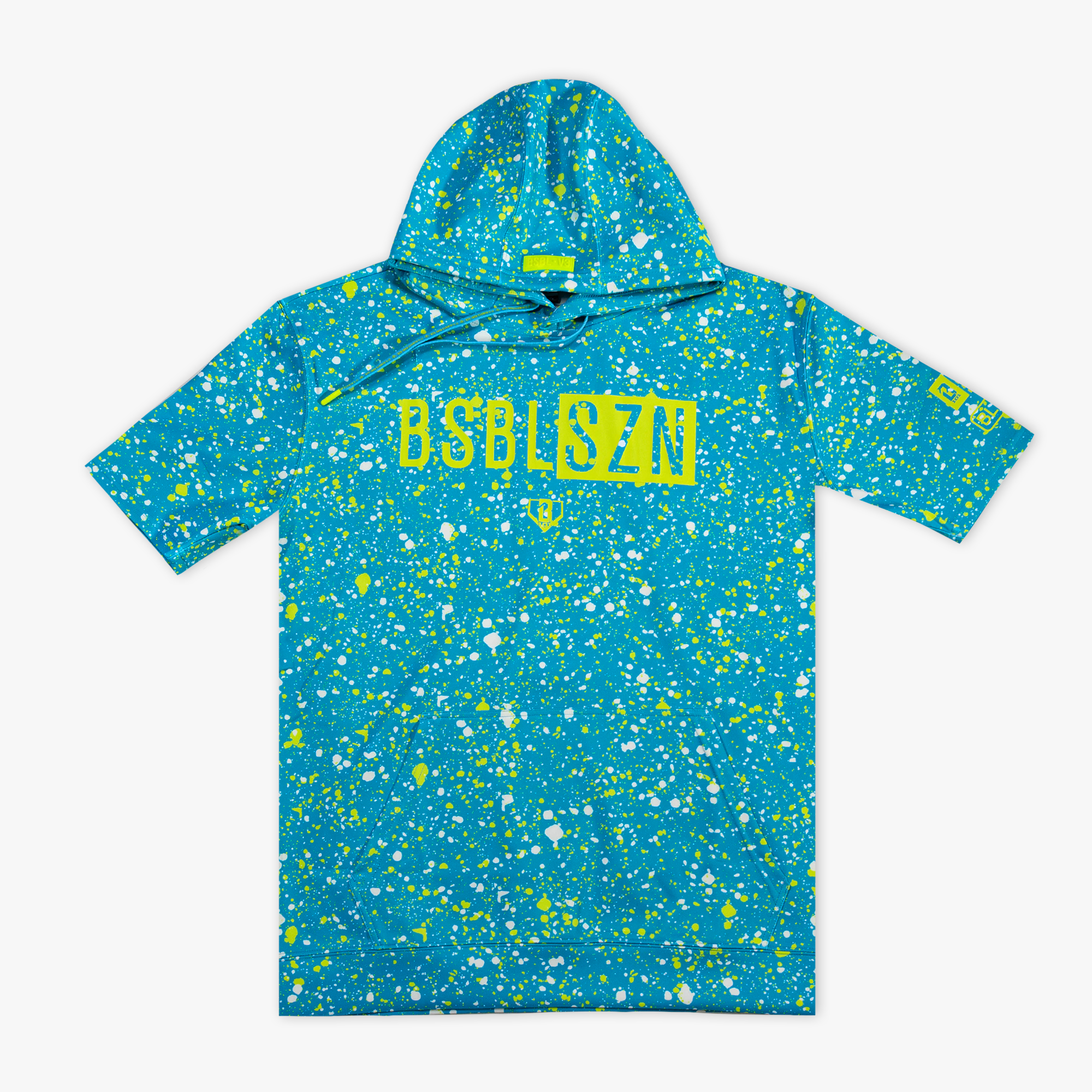 Blue splatter-patterned hoodie with yellow 'BSBL-SZN' text on a white background