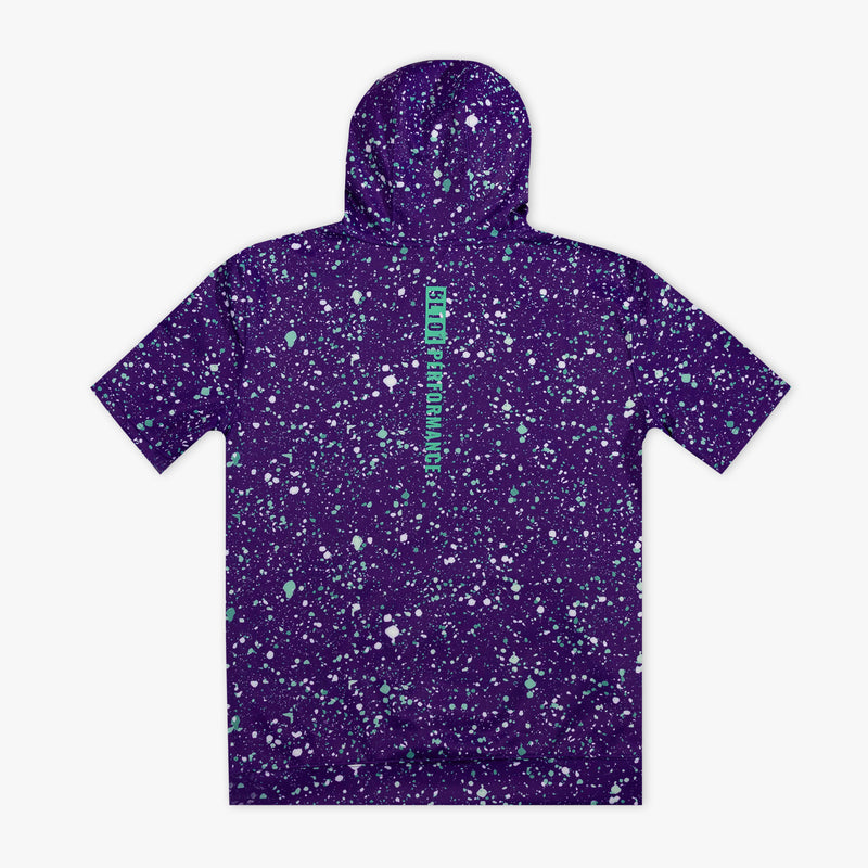 Purple splatter-patterned hoodie with 'BL101 PERFORMANCE' text on a white background