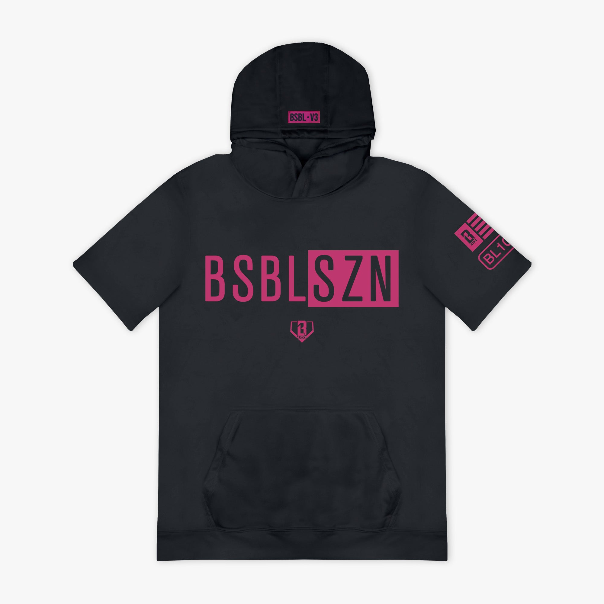 Black hoodie with pink 'BSBLSZN' text on a white background
