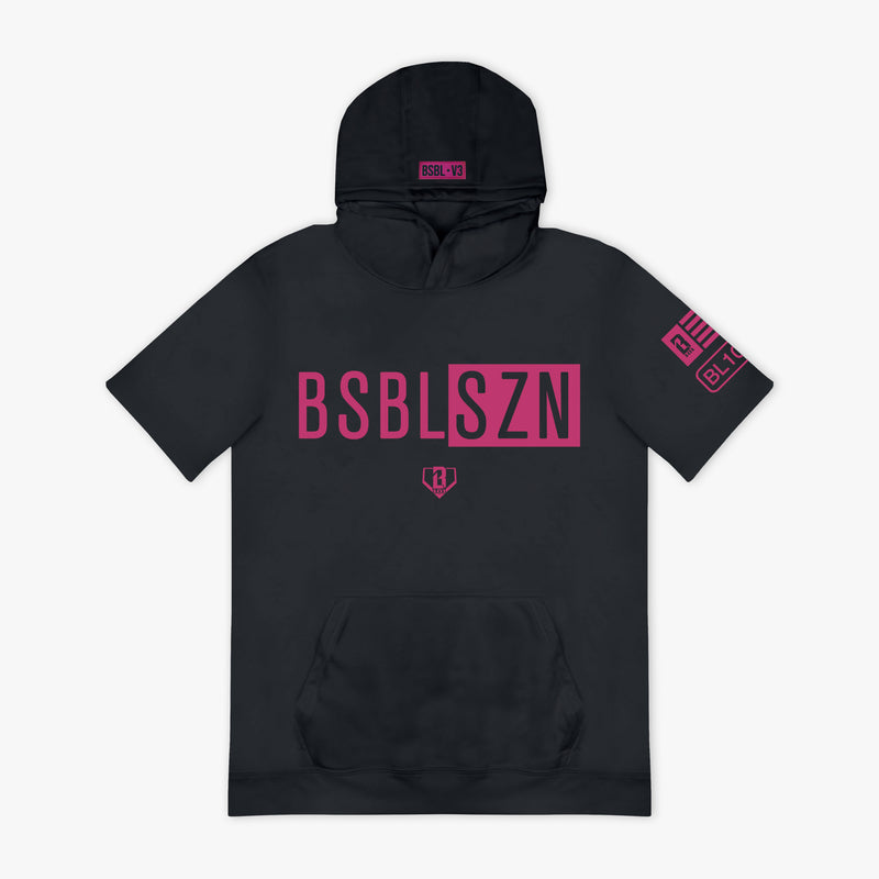 Black hoodie with pink 'BSBLSZN' text on a white background