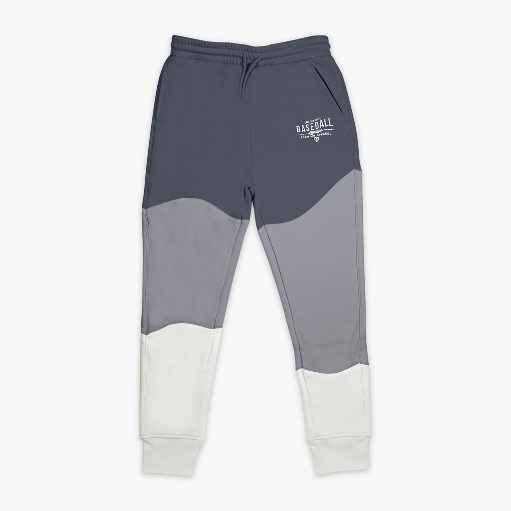 Gray and white jogger pants with Baseball Lifestyle 101 logo on a white background