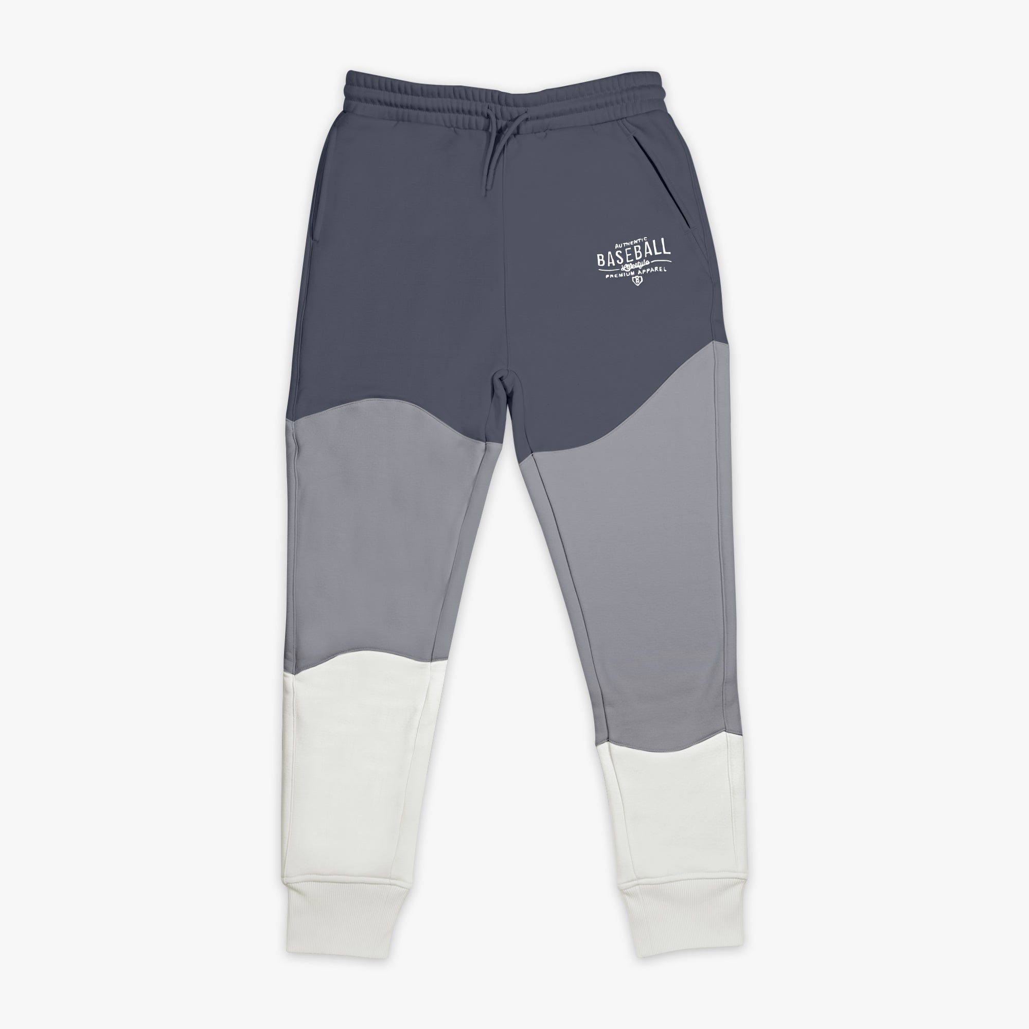 Gray and white jogger pants with Baseball Lifestyle 101 logo on a white background