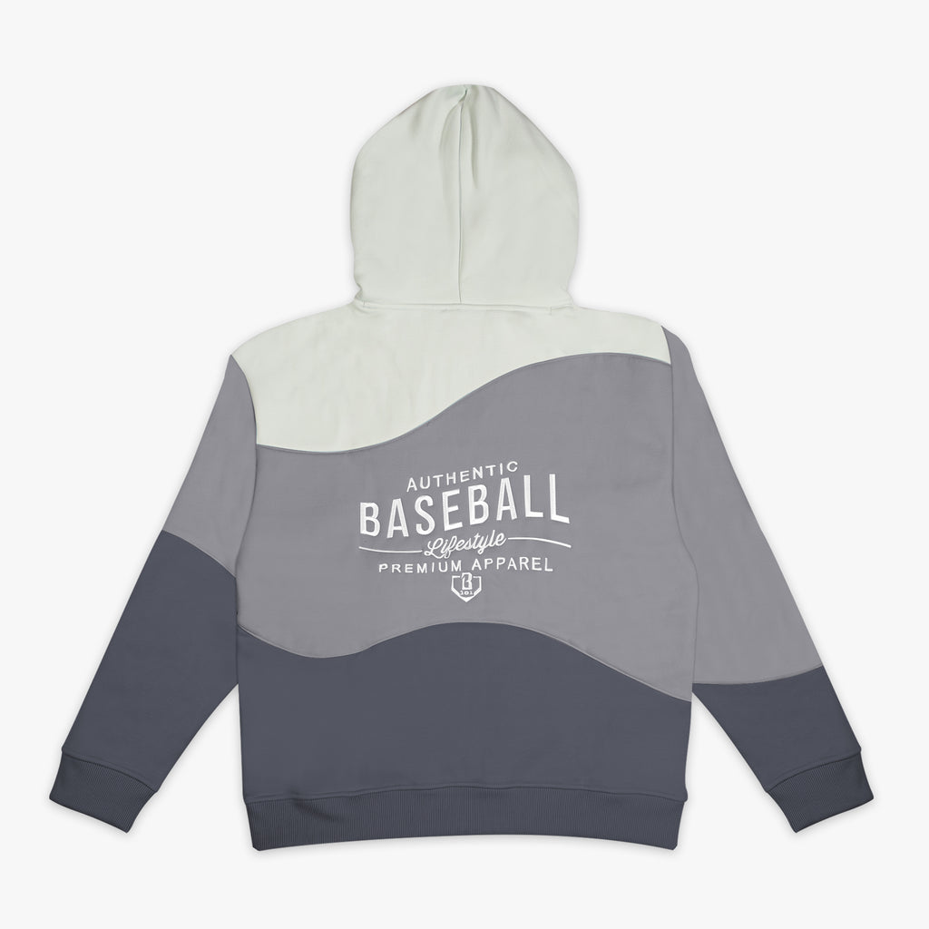Gray and white hoodie with 'Authentic Baseball Lifestyle Premium Apparel' text on a white background