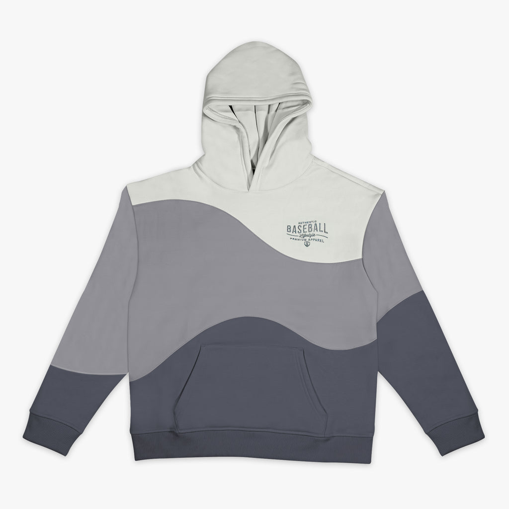 3 toned gray hoodie with 'Authentic Baseball Lifestyle PREMIUM APPAREL' logo on a white background