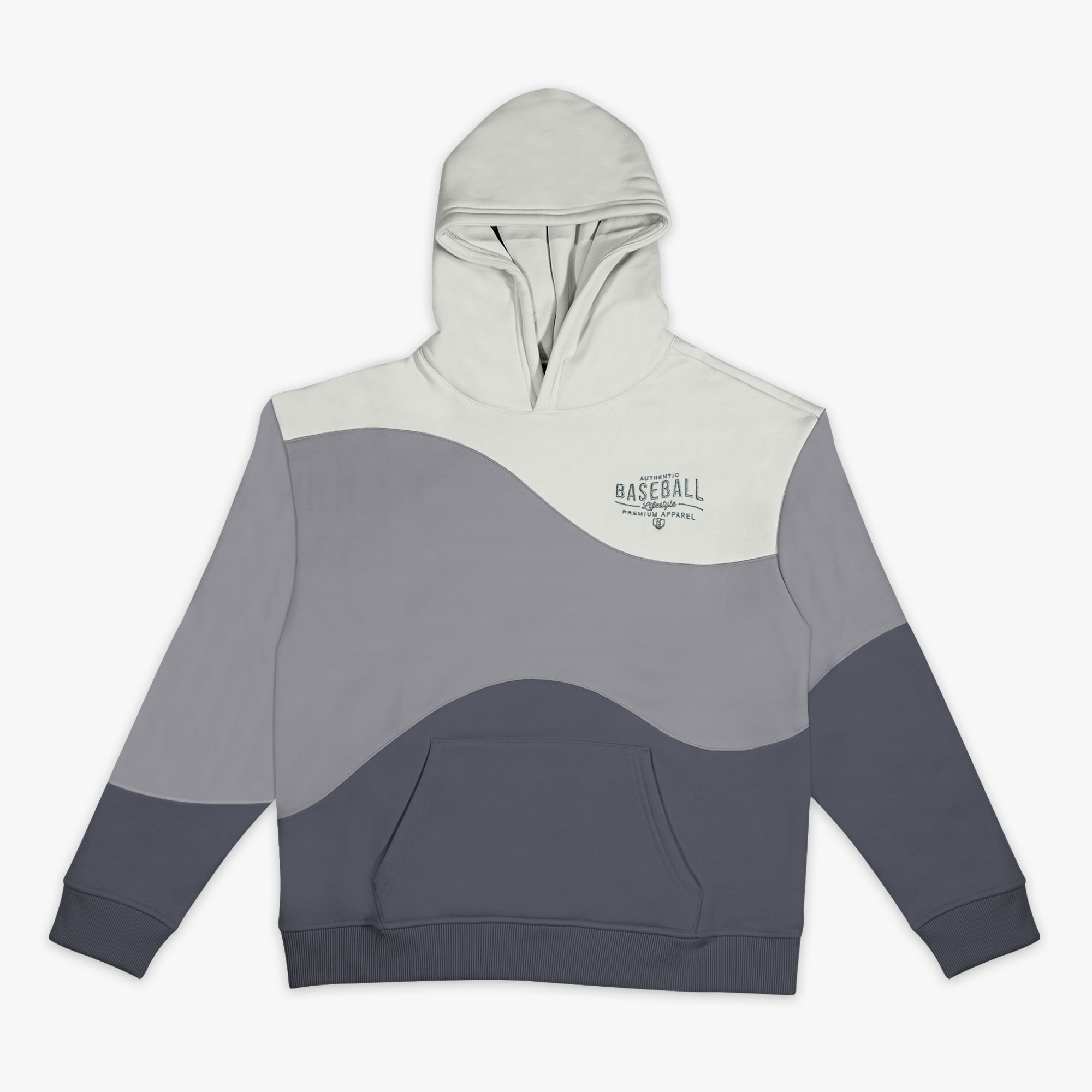 3 toned gray hoodie with 'Authentic Baseball Lifestyle PREMIUM APPAREL' logo on a white background