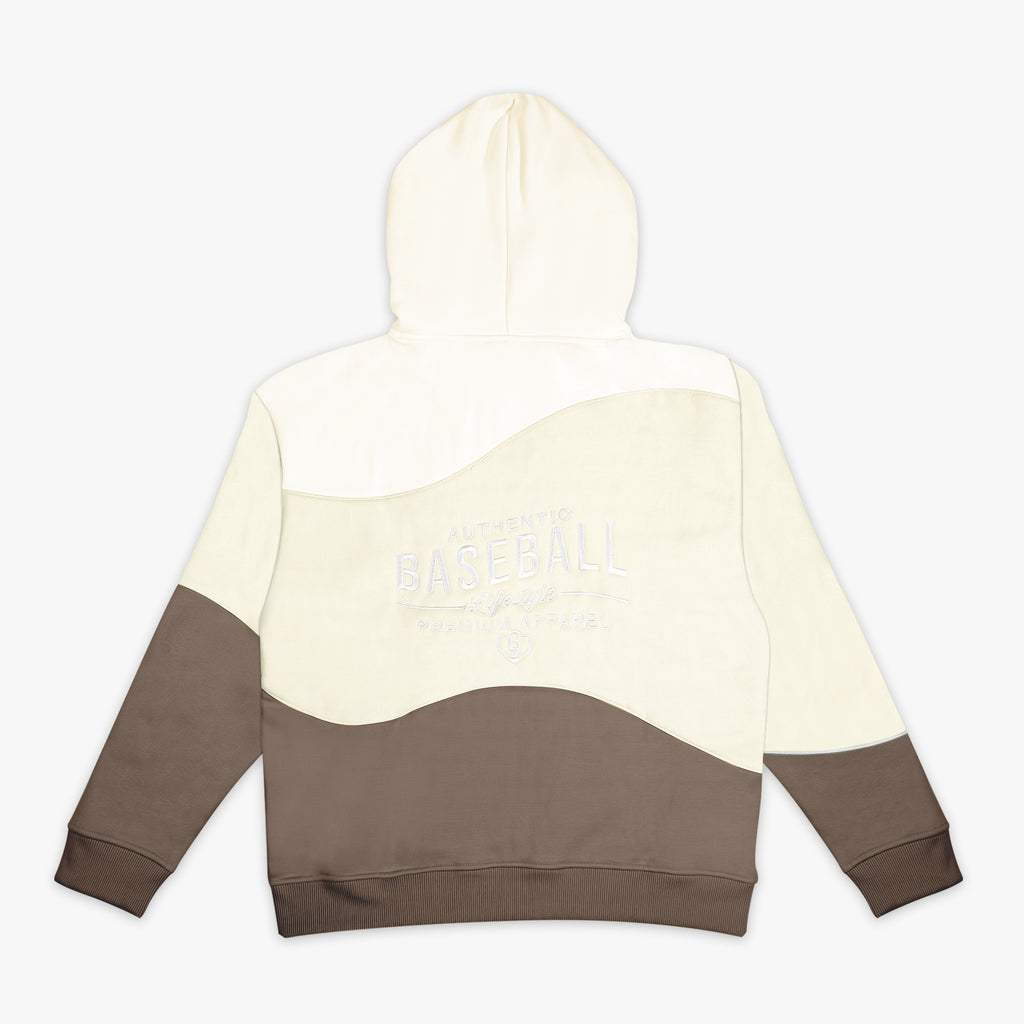 Three-tone hoodie with cream and brown colors and 'Authentic Baseball Lifestyle PREMIUM APPAREL' text on a white background