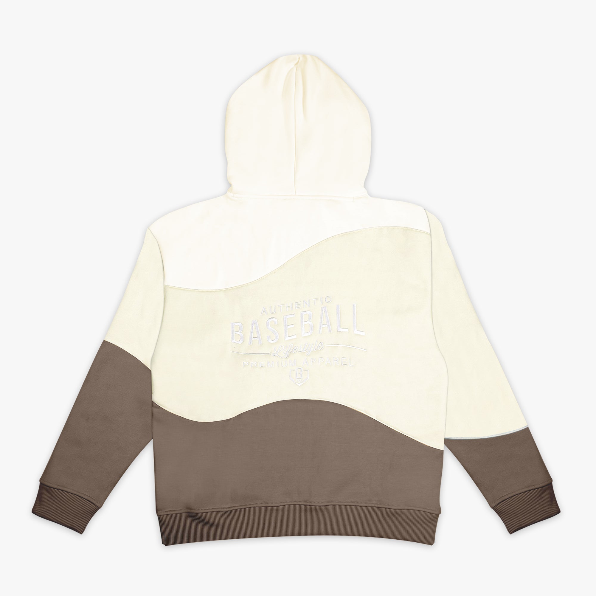 Three-tone hoodie with cream and brown colors and 'Authentic Baseball Lifestyle PREMIUM APPAREL' text on a white background