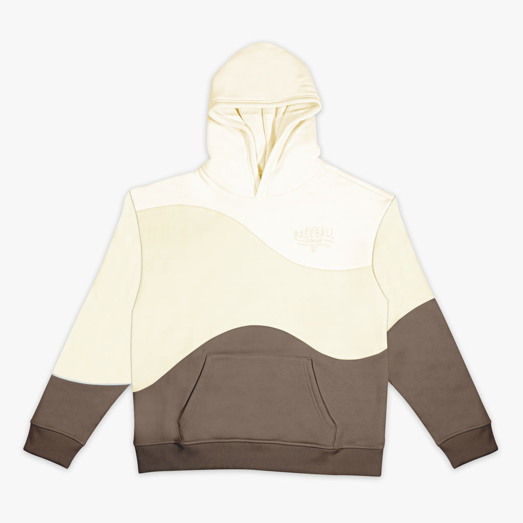 Hoodie with cream and brown color block design on a white background