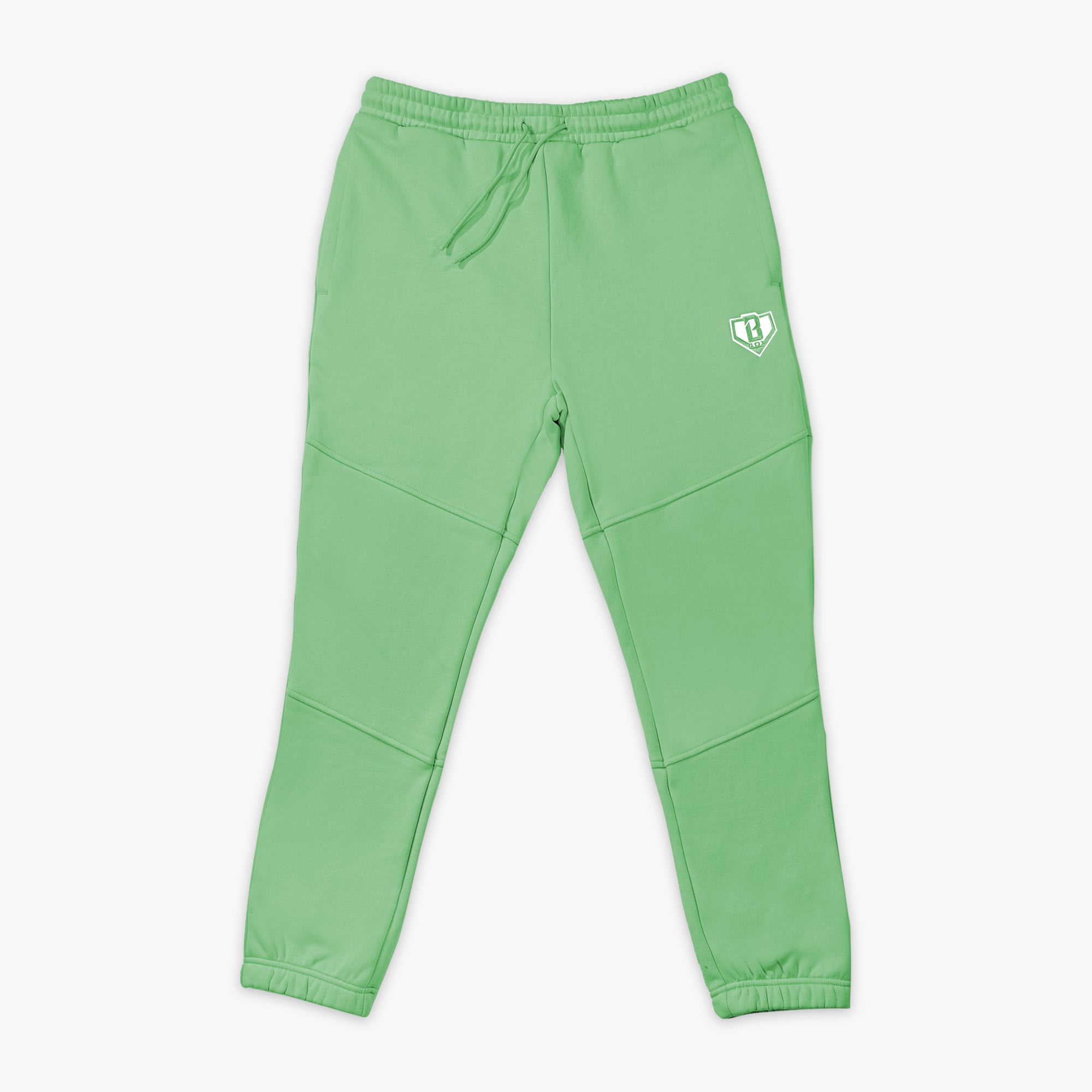Green sweatpants with a white BL101 logo on a white background