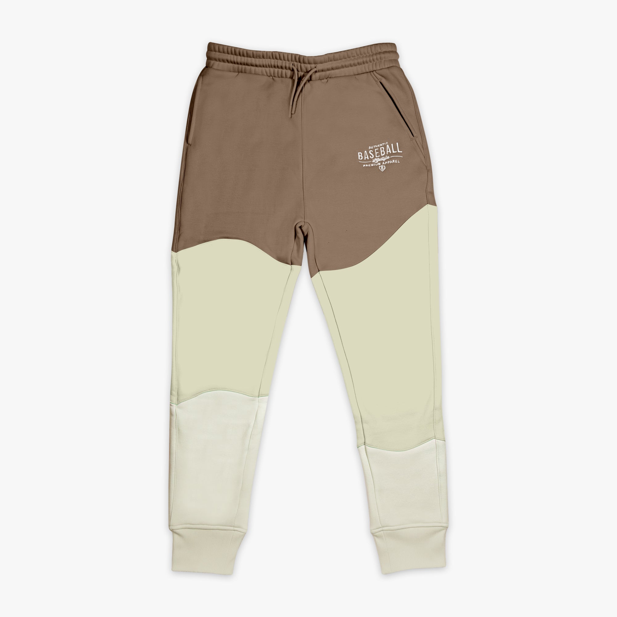 Two-tone brown and beige sweatpants with a Baseball Lifestyle 101 logo on a white background