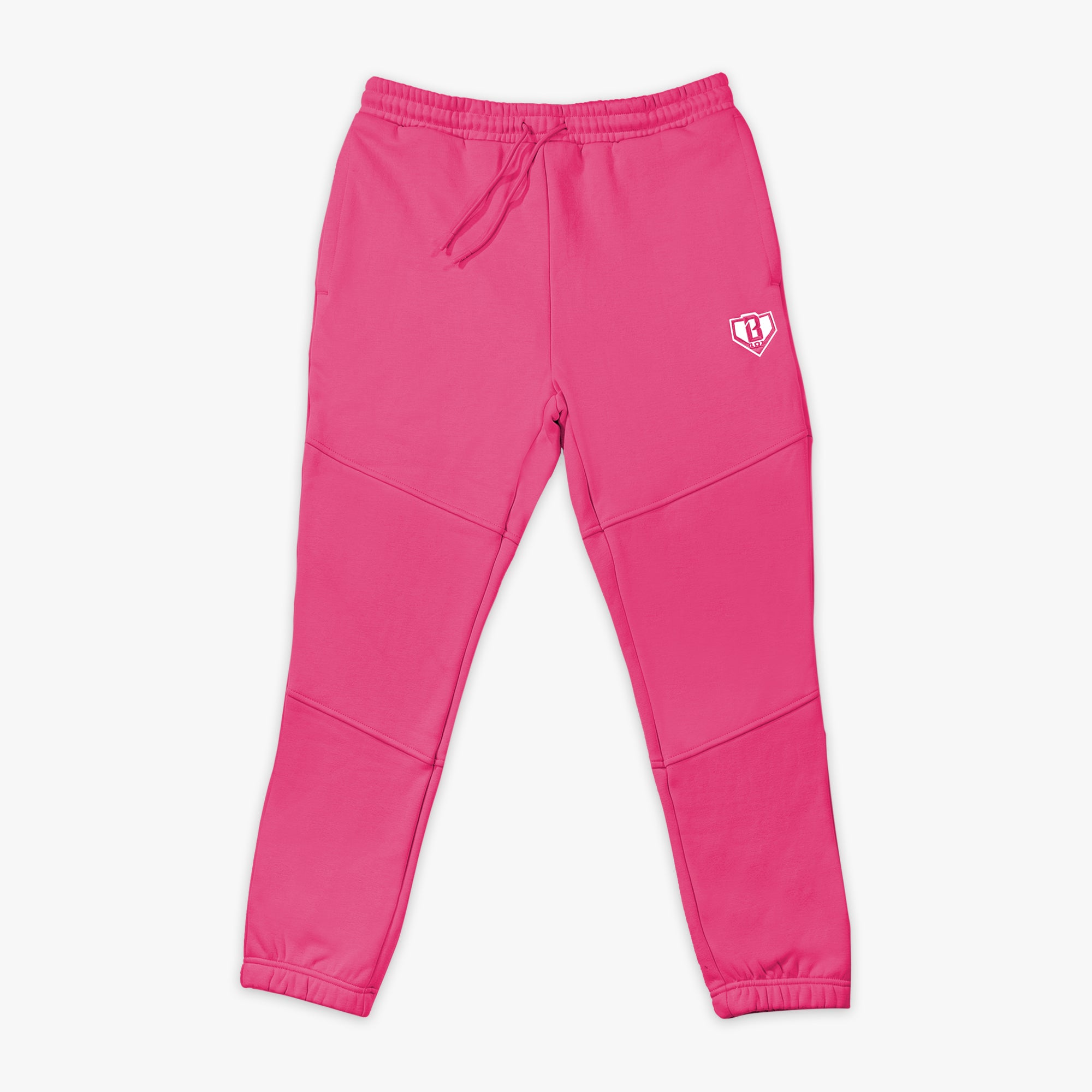 Pink sweatpants with a BL101 logo on a white background