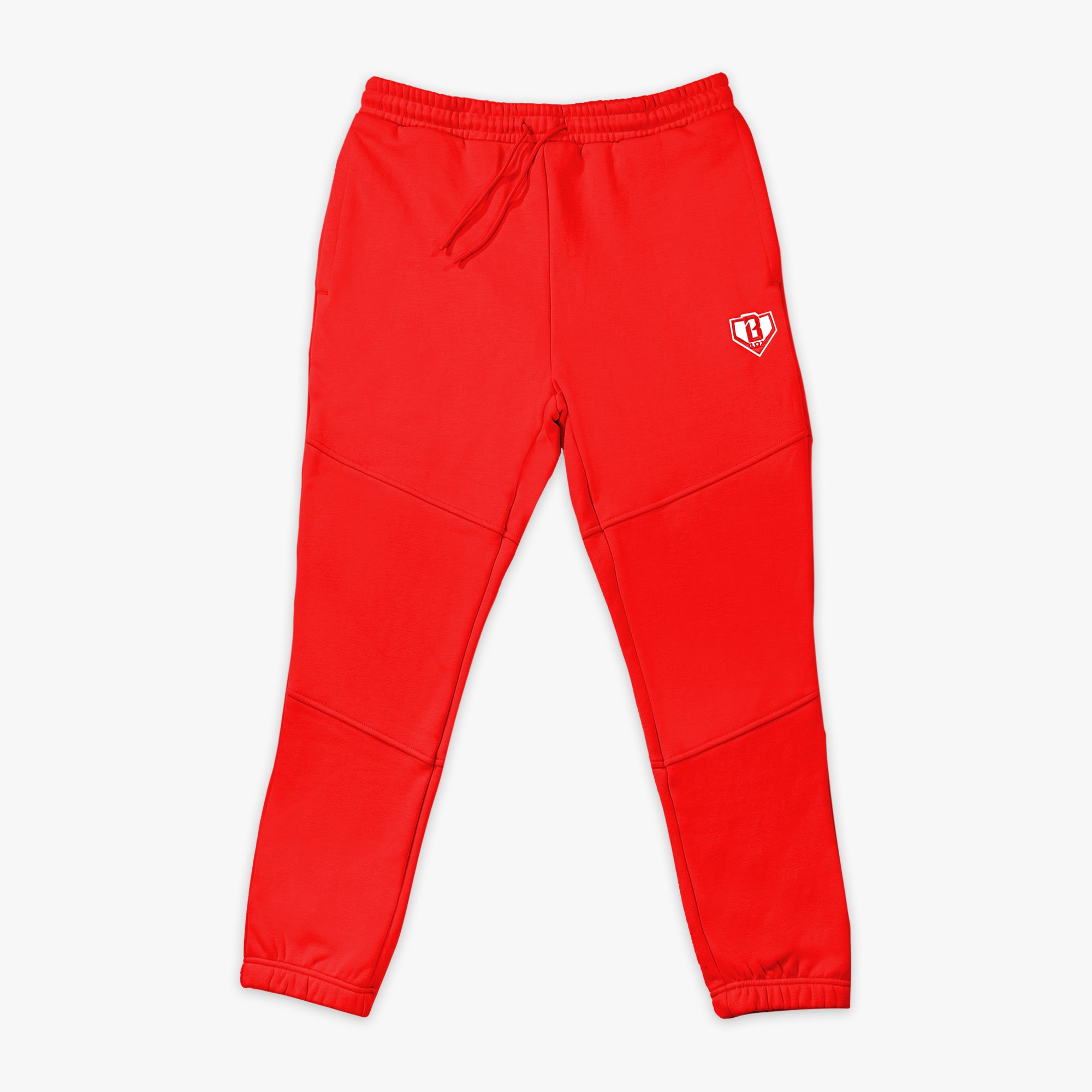 Red sweatpants with a small white 'BL101' logo on a white background