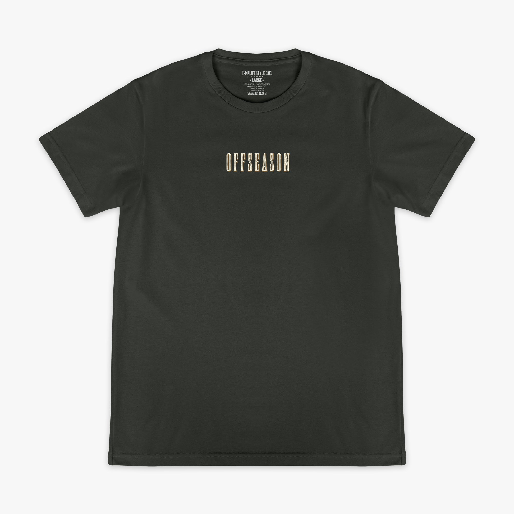 Dark Grey t-shirt with 'OFFSEASON' text on a white background