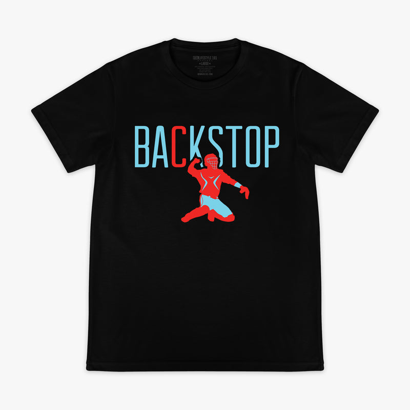 Black graphic tee with “Backstop” design — front view