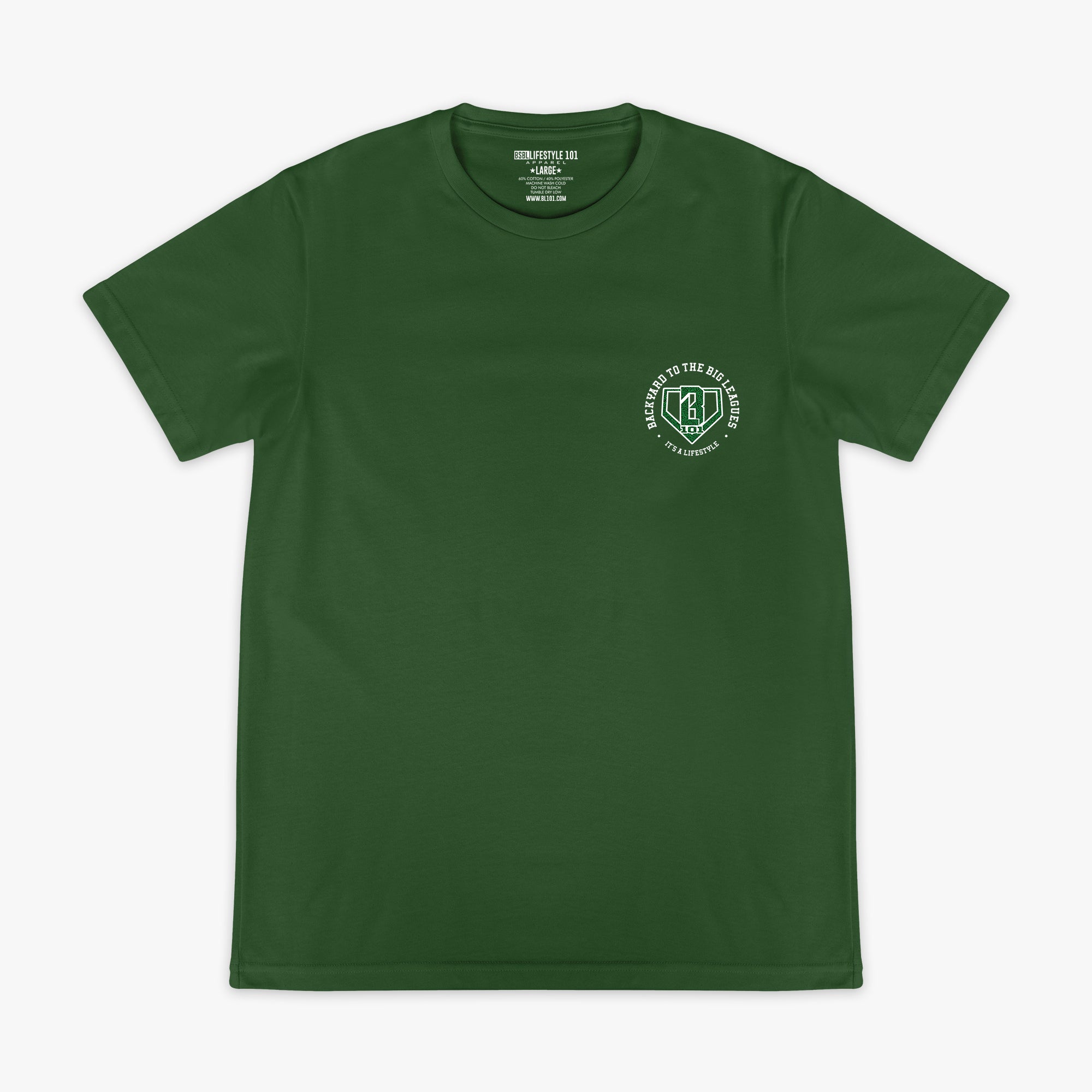 Front flat lay of the BL101 Backyard to the Big Leagues forest green tee, showing the BL101 logo on a white background.