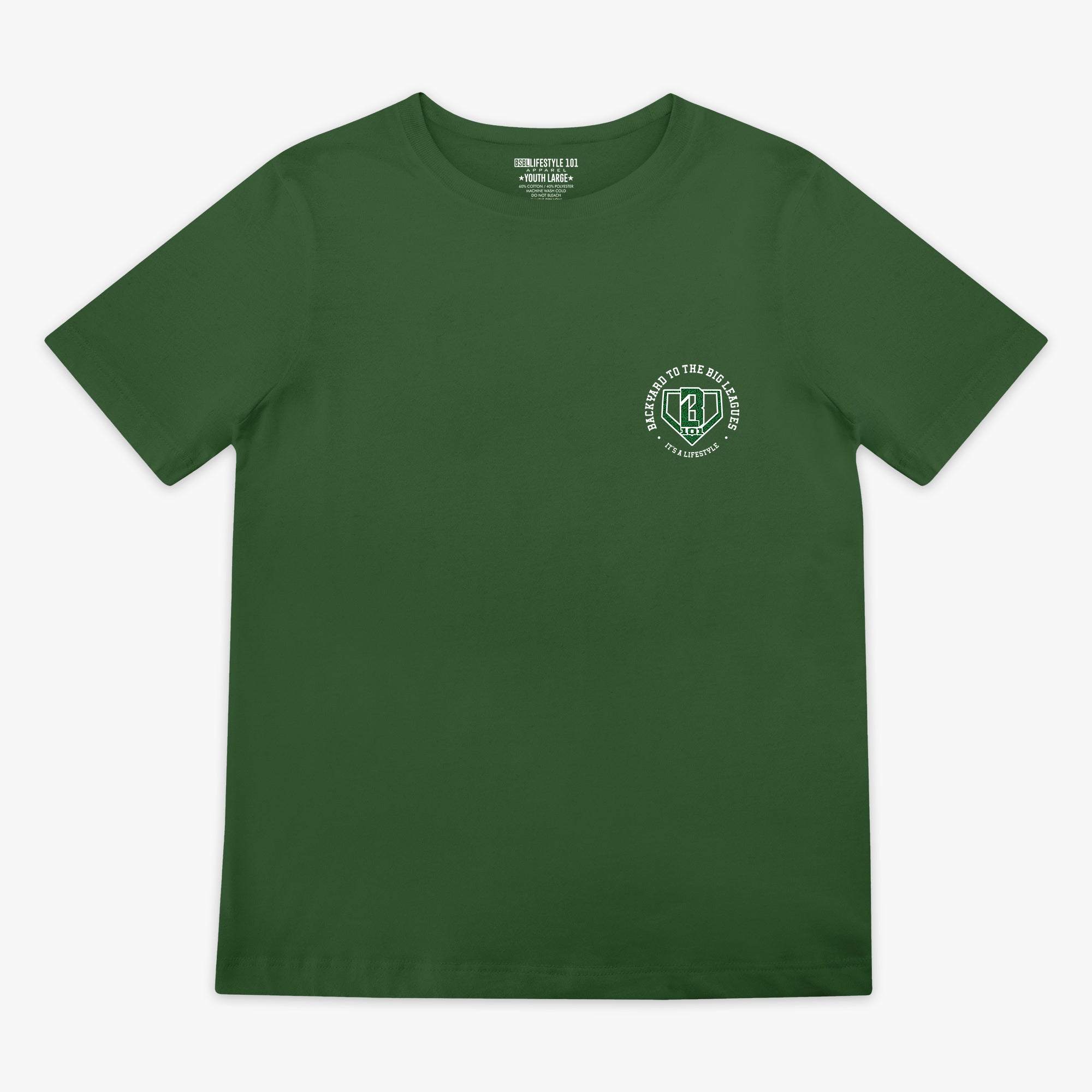 Front flat lay of the BL101 Backyard to the Big Leagues forest green tee, showing the BL101 logo on a white background.