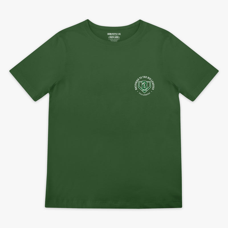 Front flat lay of the BL101 Backyard to the Big Leagues forest green tee, showing the BL101 logo on a white background.