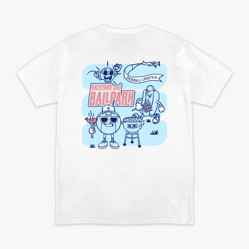 Graphic tee with "Backyard & Ballpark" design - back view