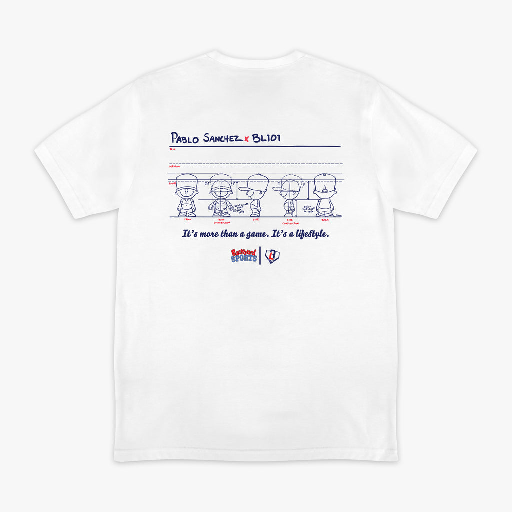 White t-shirt with Pablo Sanchez graphic design and Pablo Sanchez x BL101 text on a white background
