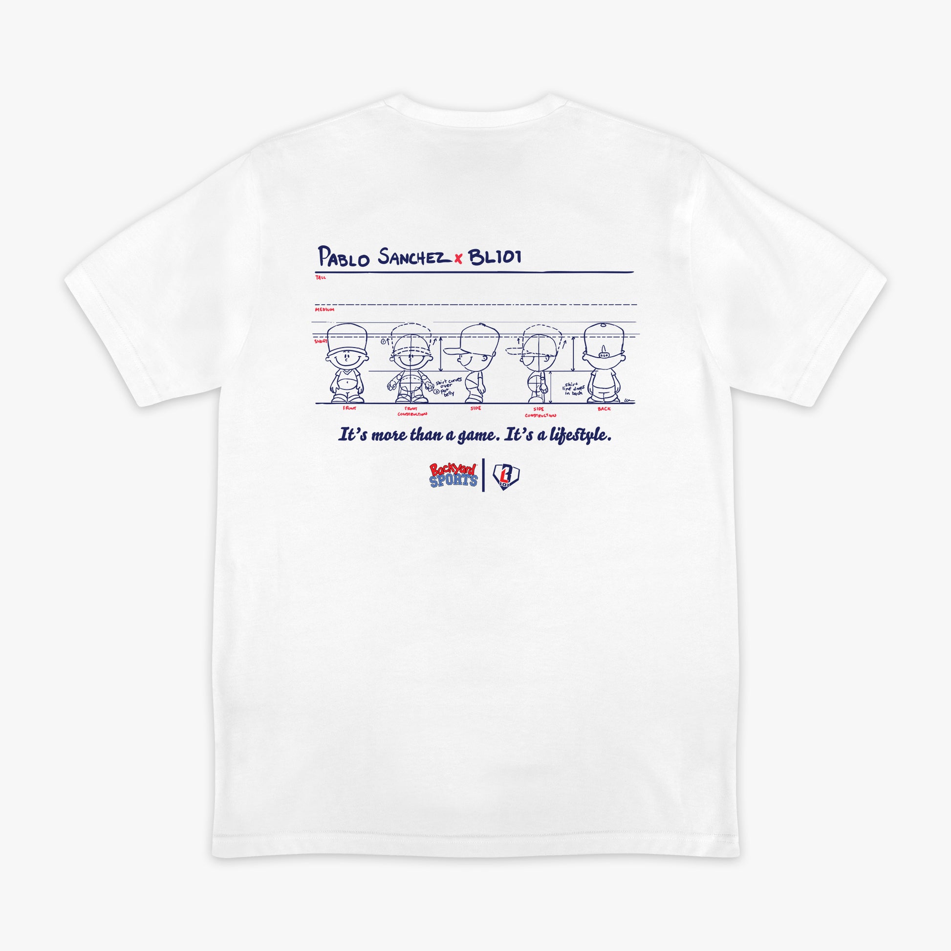 White t-shirt with Pablo Sanchez graphic design and Pablo Sanchez x BL101 text on a white background
